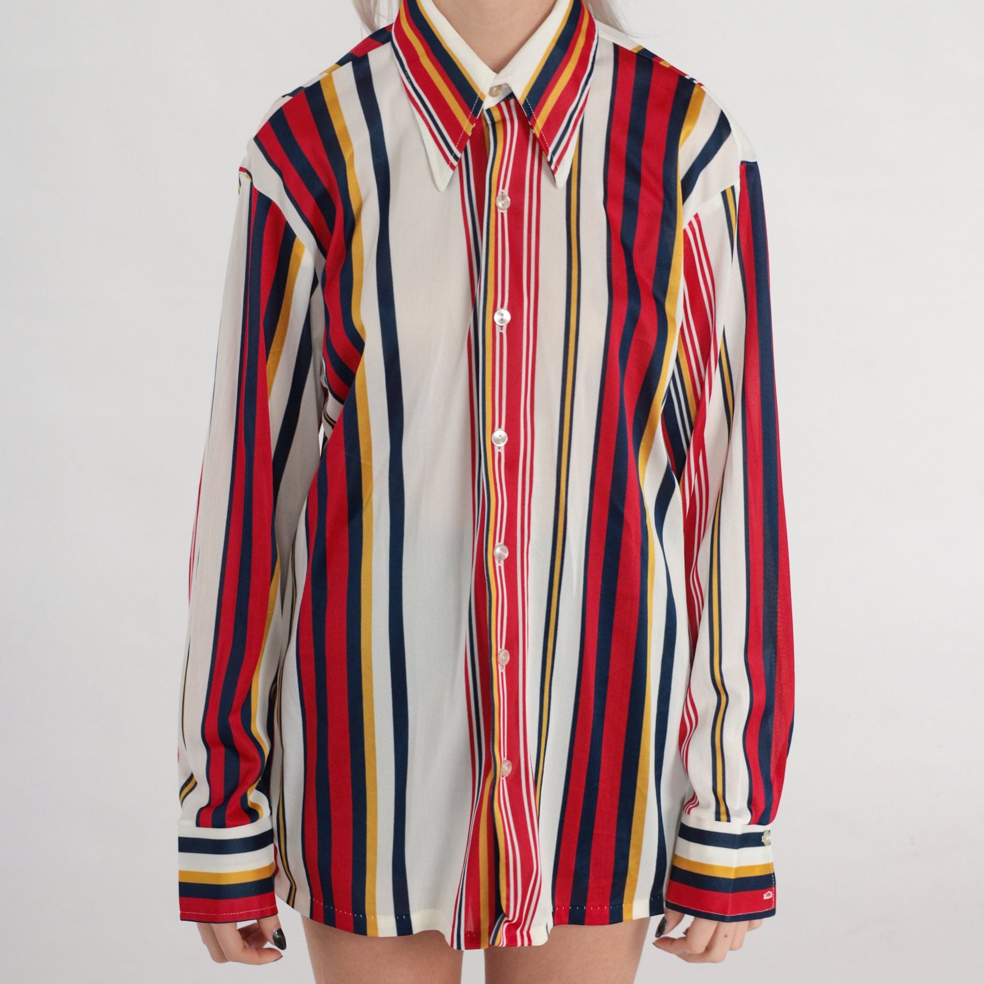 70s Striped Dagger Collar Button-Up Shirt White Red Yellow Blue Medium