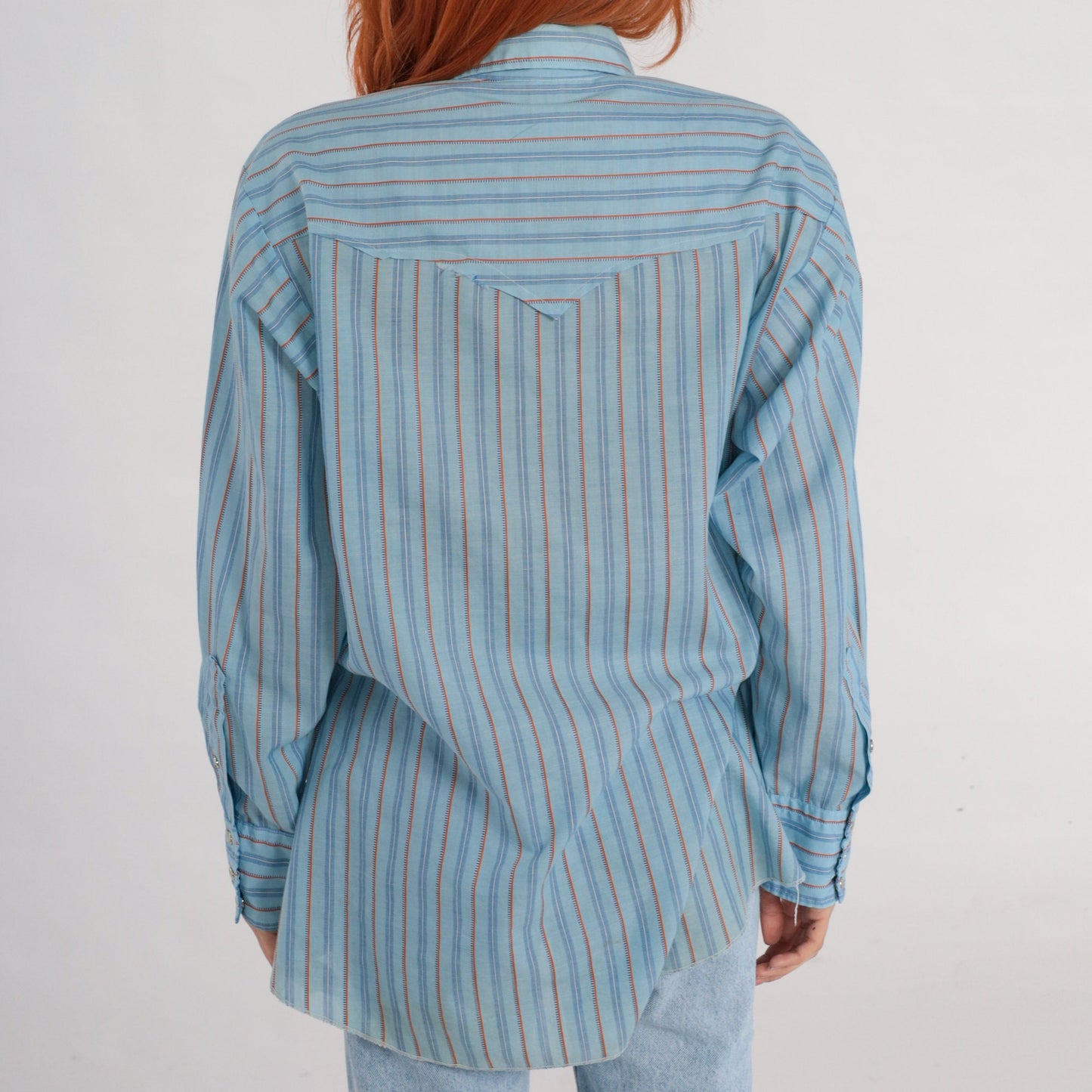 80s Western Pearl Snap Shirt Blue Striped Long Sleeve Men's 17-33