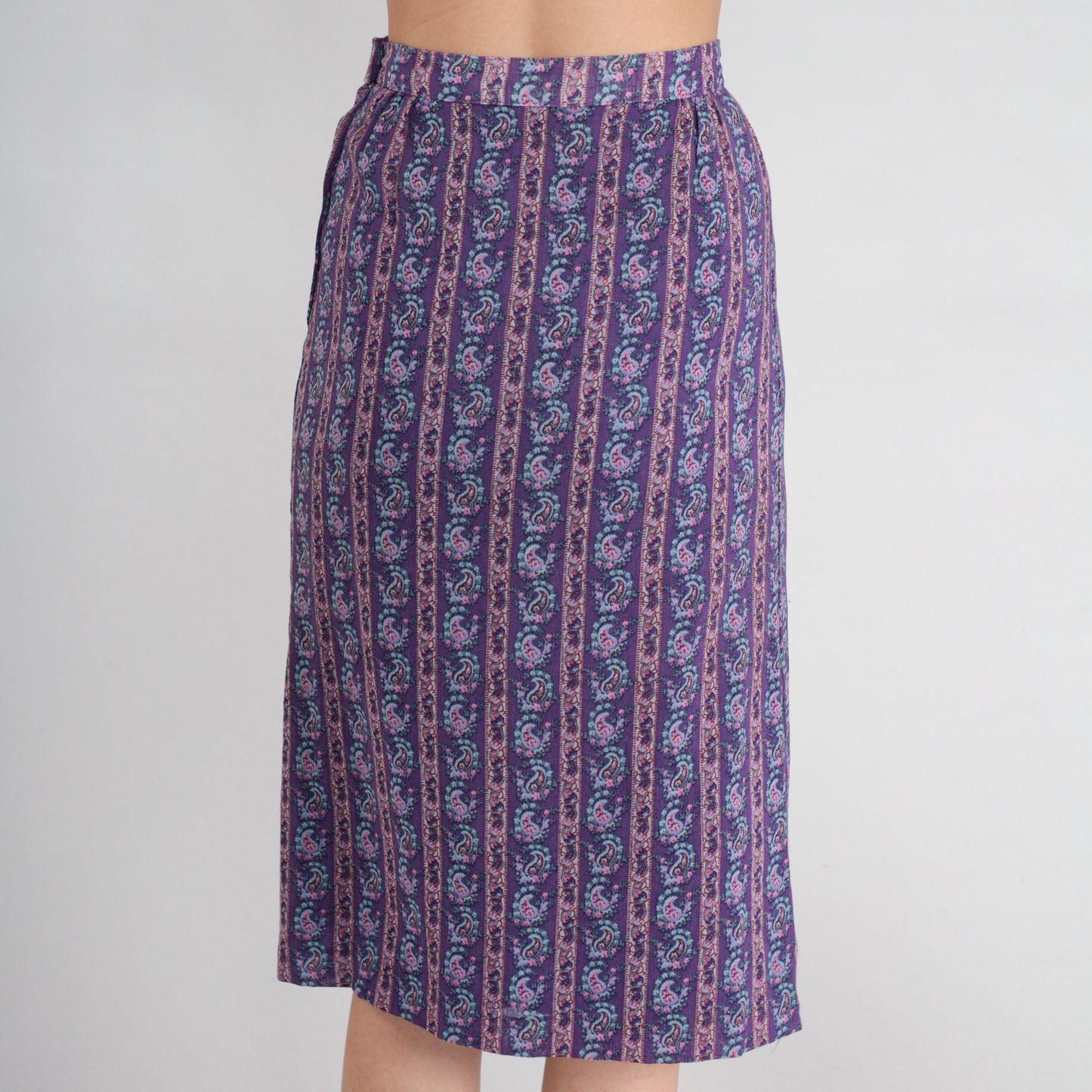 60s Purple Paisley Midi Skirt High Waisted Striped Floral Print Extra Small XS
