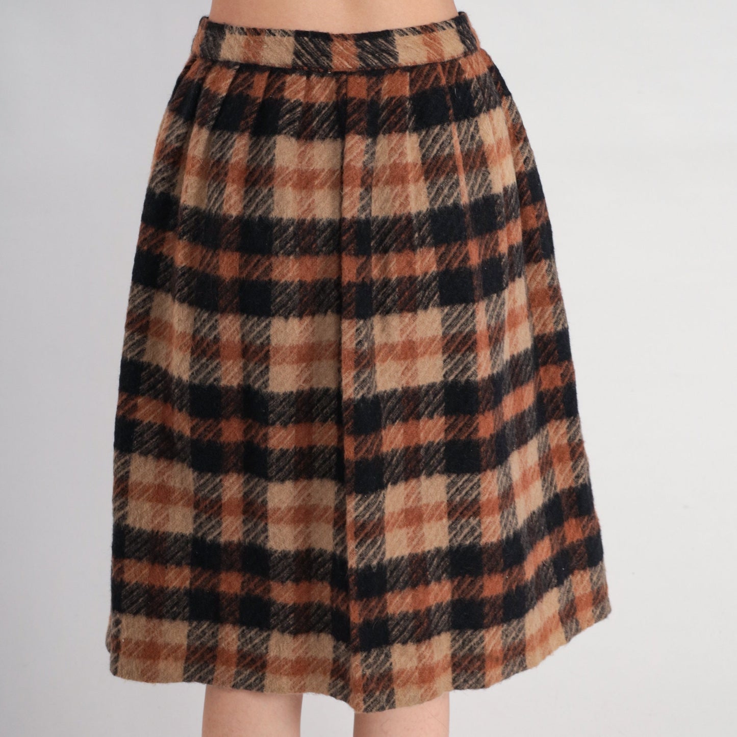 70s Brown Black Plaid Pleated Knee-Length Skirt High Waist Small