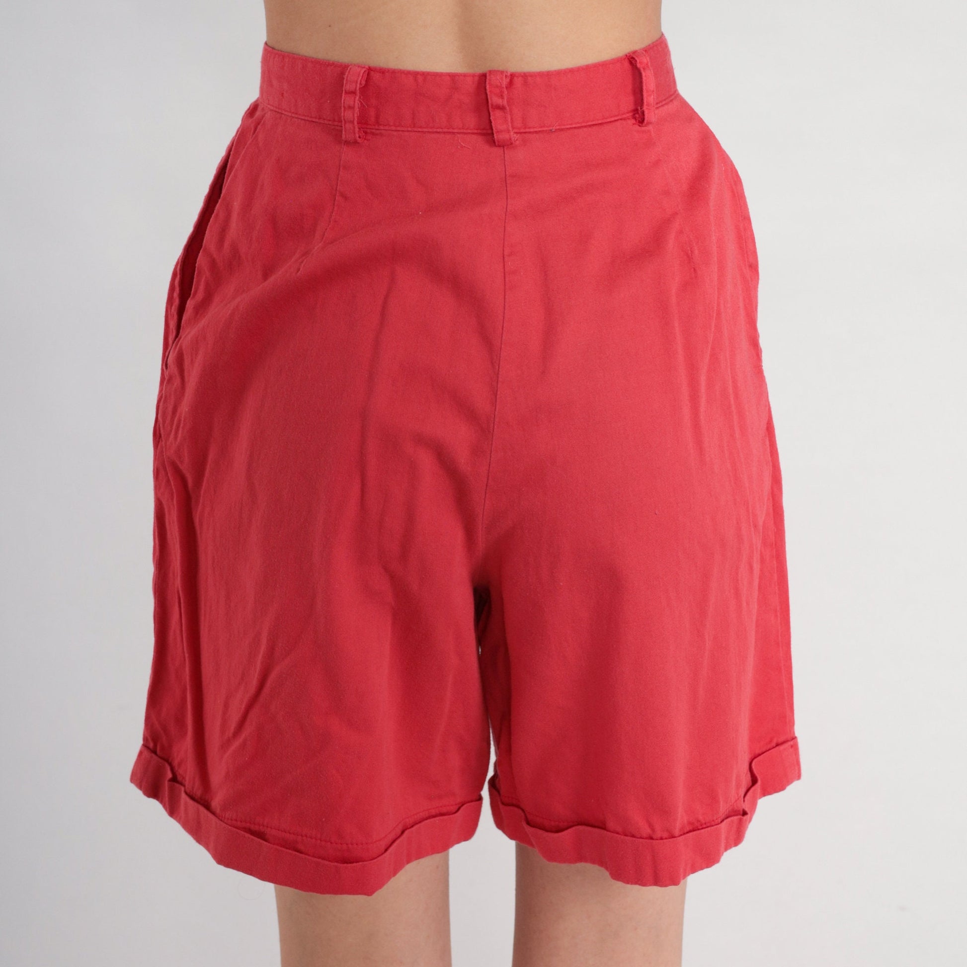 80s Red Pleated High-Waist Shorts Cotton Cuffed Extra Small XS