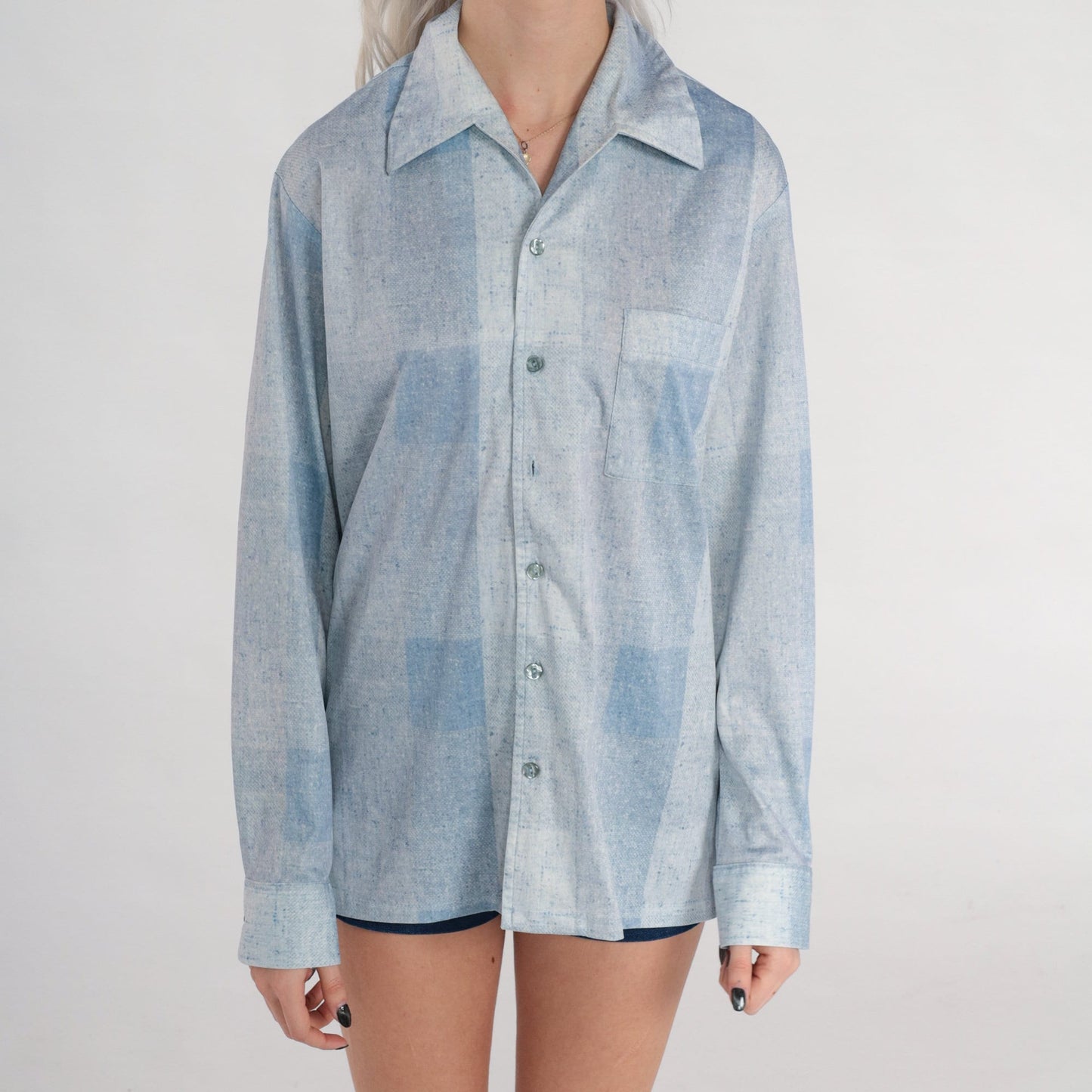 70s Joel Light Blue Checkered Button-Up Shirt Long Sleeve Collared Medium