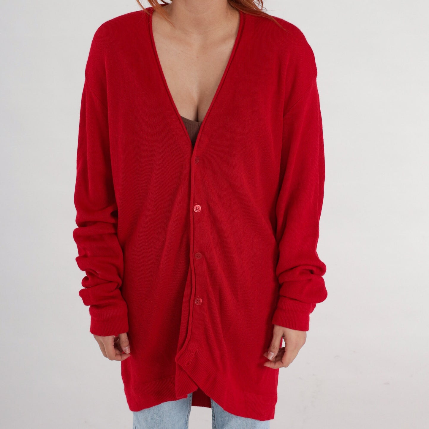 80s Red Cardigan V-Neck Knit Button-Up Sweater Extra Large XL
