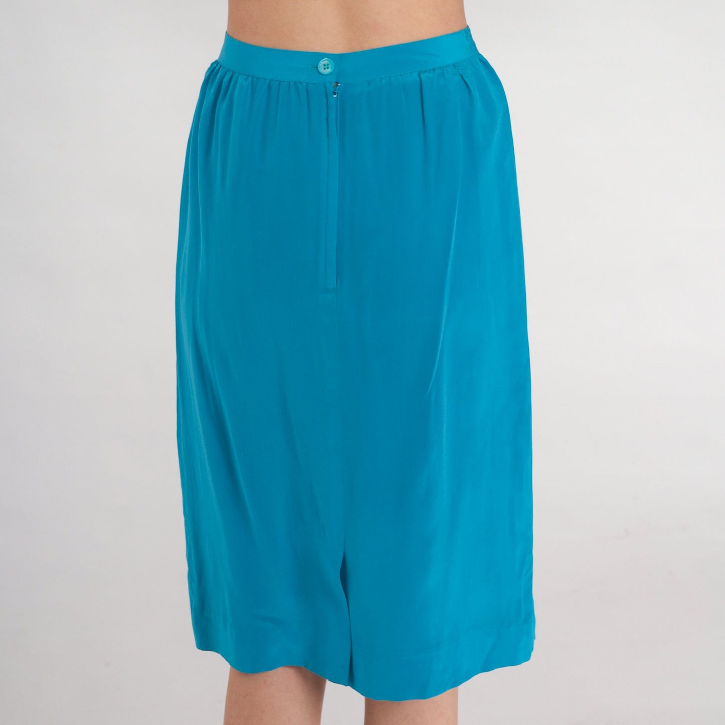 80s Blue Silk Skirt High Waist Straight Knee Length Extra Small