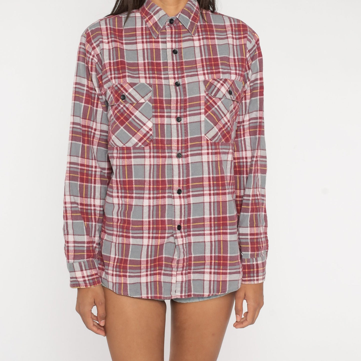 90s Red Grey Plaid Flannel Shirt Button Up Long Sleeve Medium