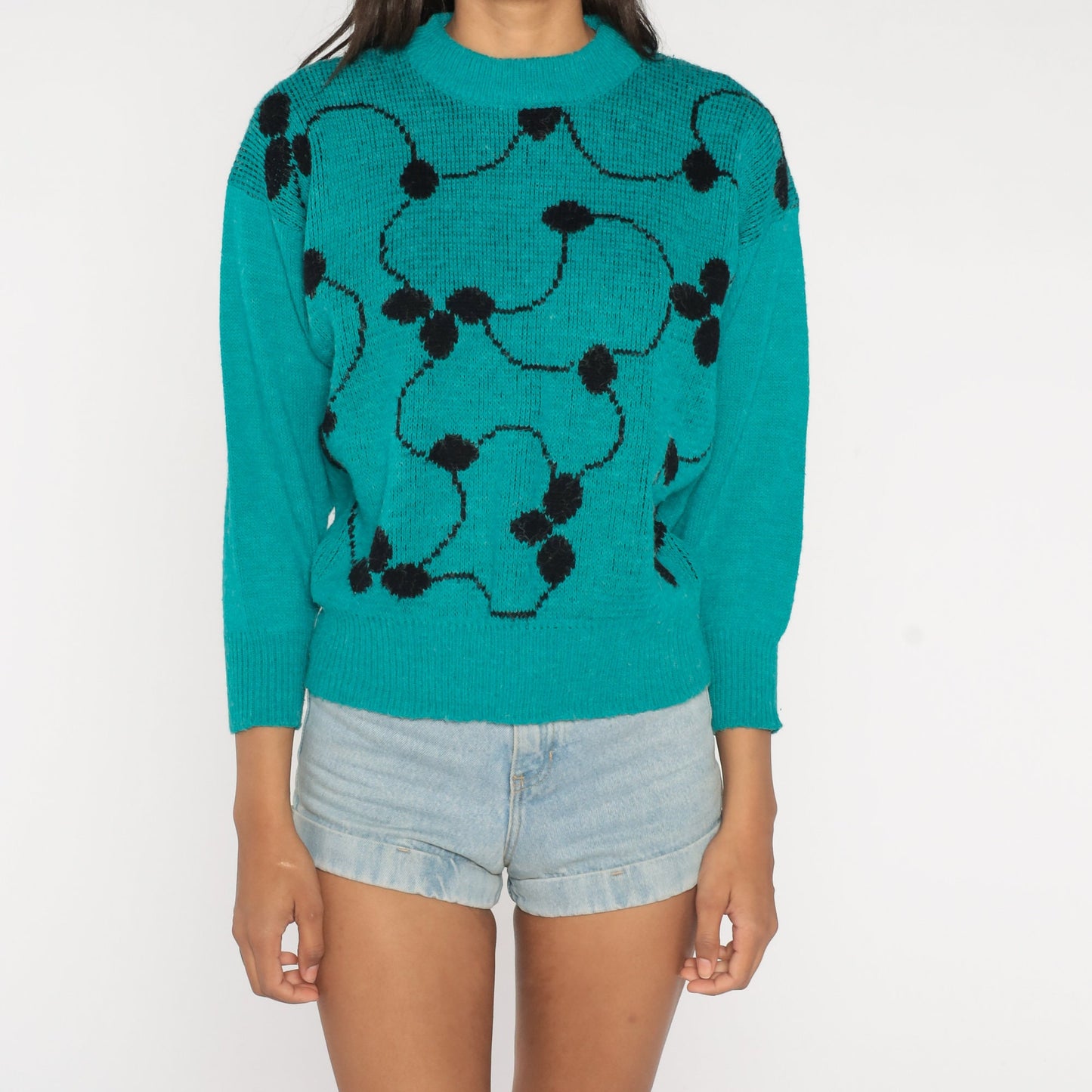 80s Abstract Vine Knit Sweater Teal Green Pullover Jumper Small S