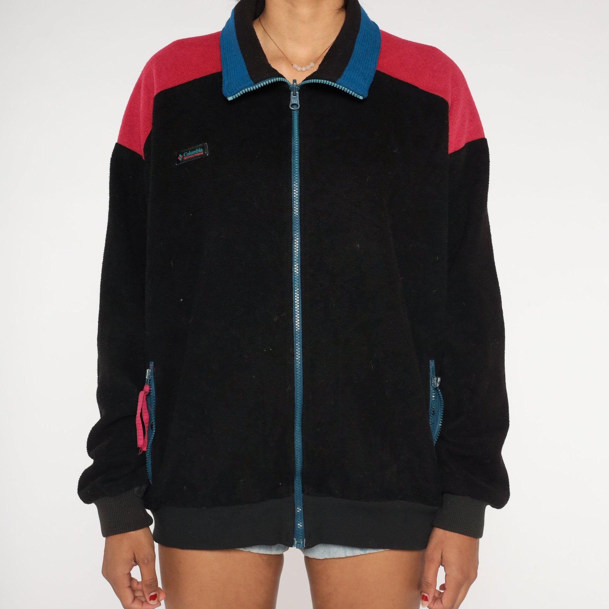 90s Columbia Black Fleece Zip Jacket Red Blue Trim Large L
