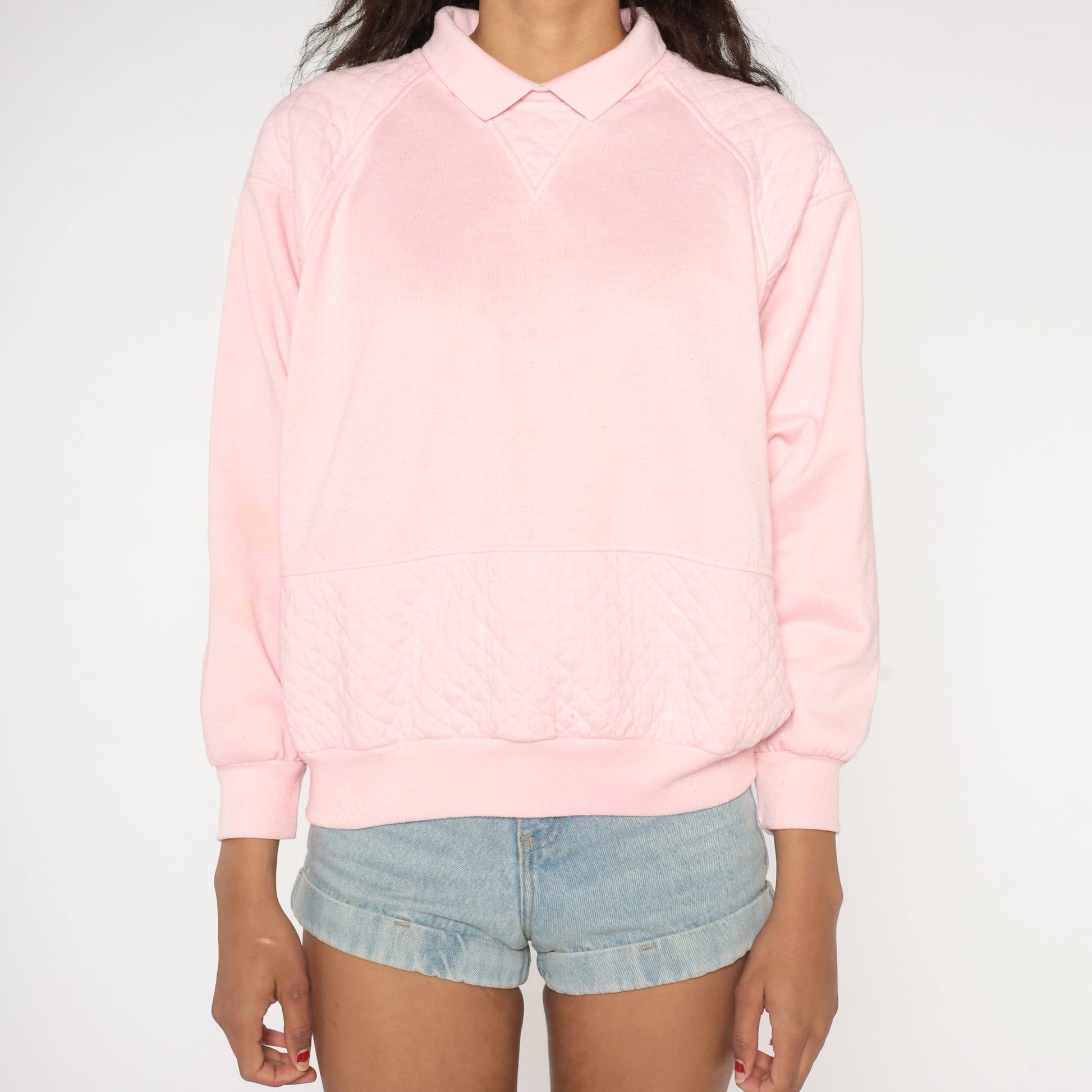 90s Gitano Baby Pink Quilted Sweatshirt Collared Raglan Medium