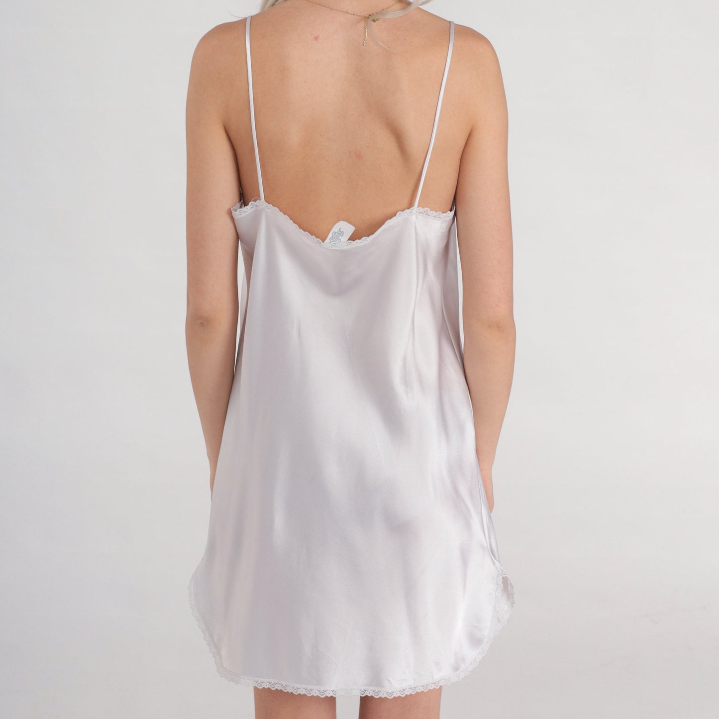 90s White Slip Dress Pearl Beaded Floral Mesh Lace Trim Spaghetti Strap Mini Small