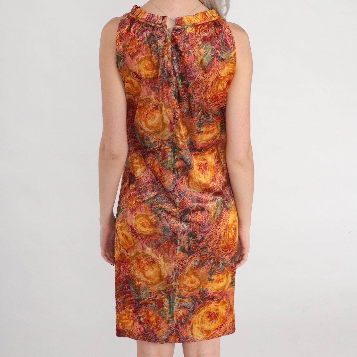 60s Mod Mini Shift Dress Watercolor Floral Print Orange High Neck Small