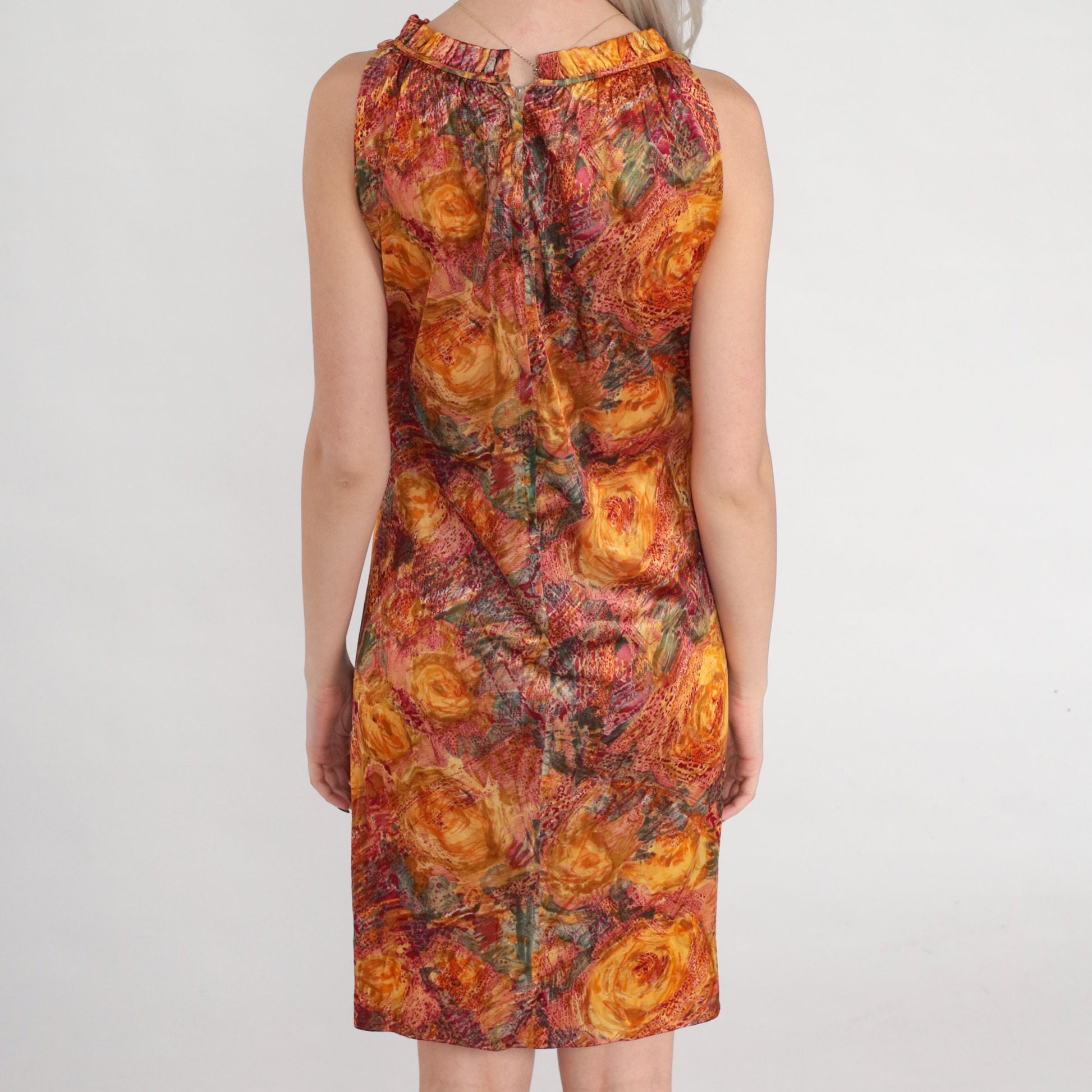 60s Mod Mini Shift Dress Watercolor Floral Print Orange High Neck Small