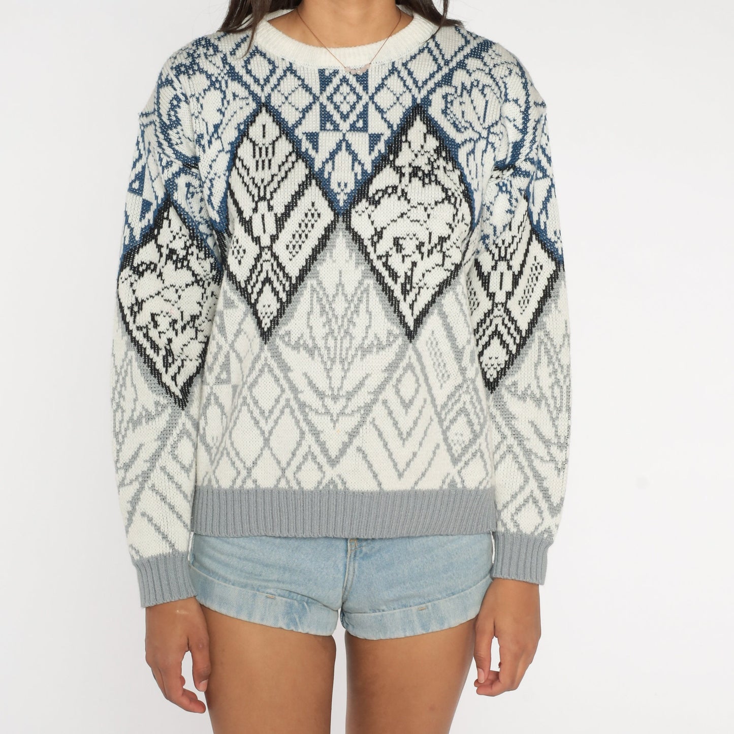 90s Geometric Abstract Jacquard Knit Sweater White Crewneck Small