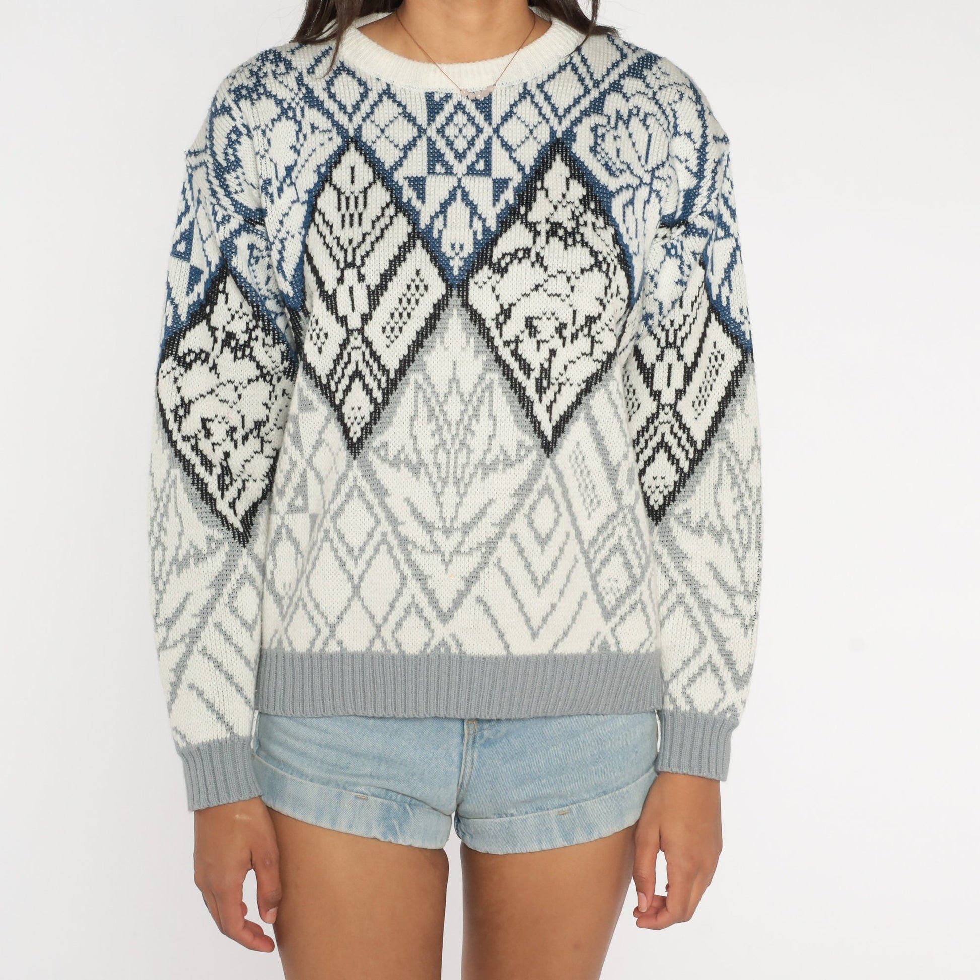 90s Geometric Abstract Jacquard Knit Sweater White Crewneck Small