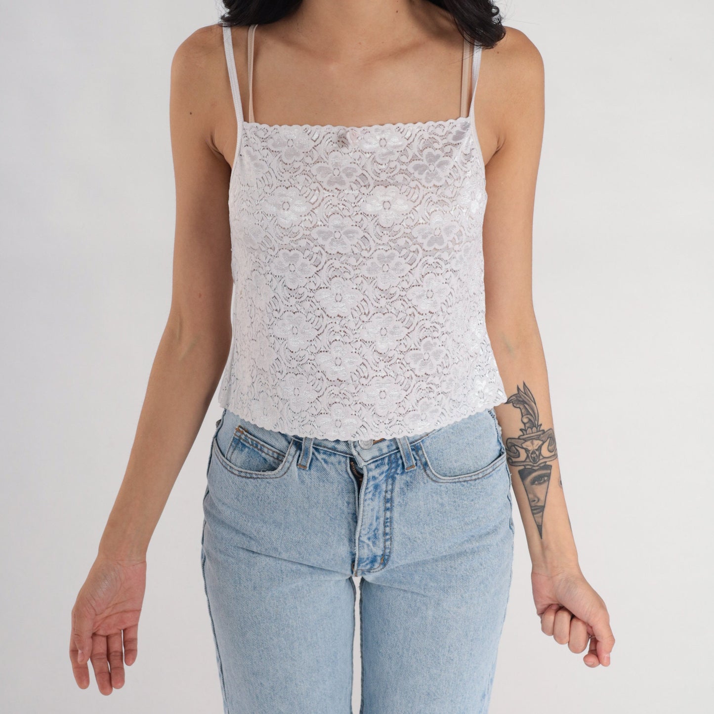00s White Lace Camisole Spaghetti Strap Floral Trim Tank Medium