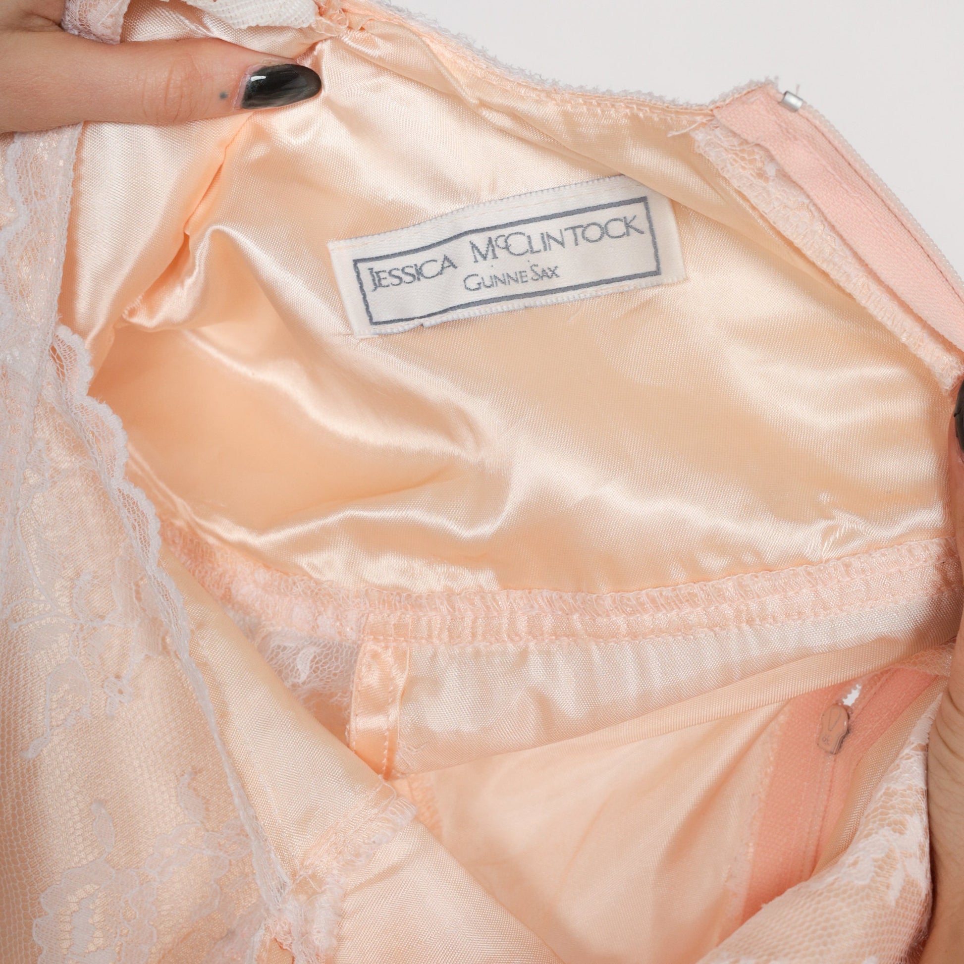 80s Gunne Sax Jessica McClintock Lace Midi Dress Blush Handkerchief Hem XS