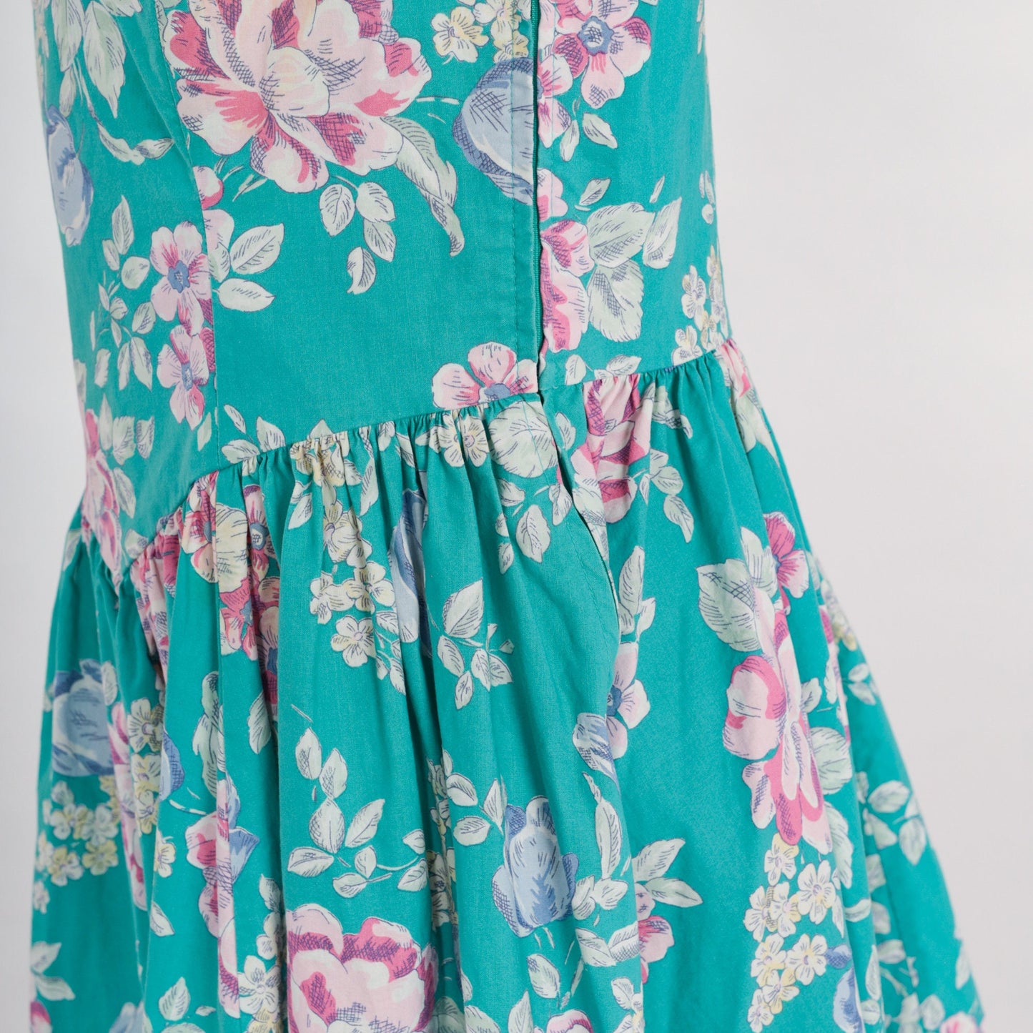 80s Laura Ashley Turquoise Floral Midi Dress Puff Sleeve Basque Waist Medium
