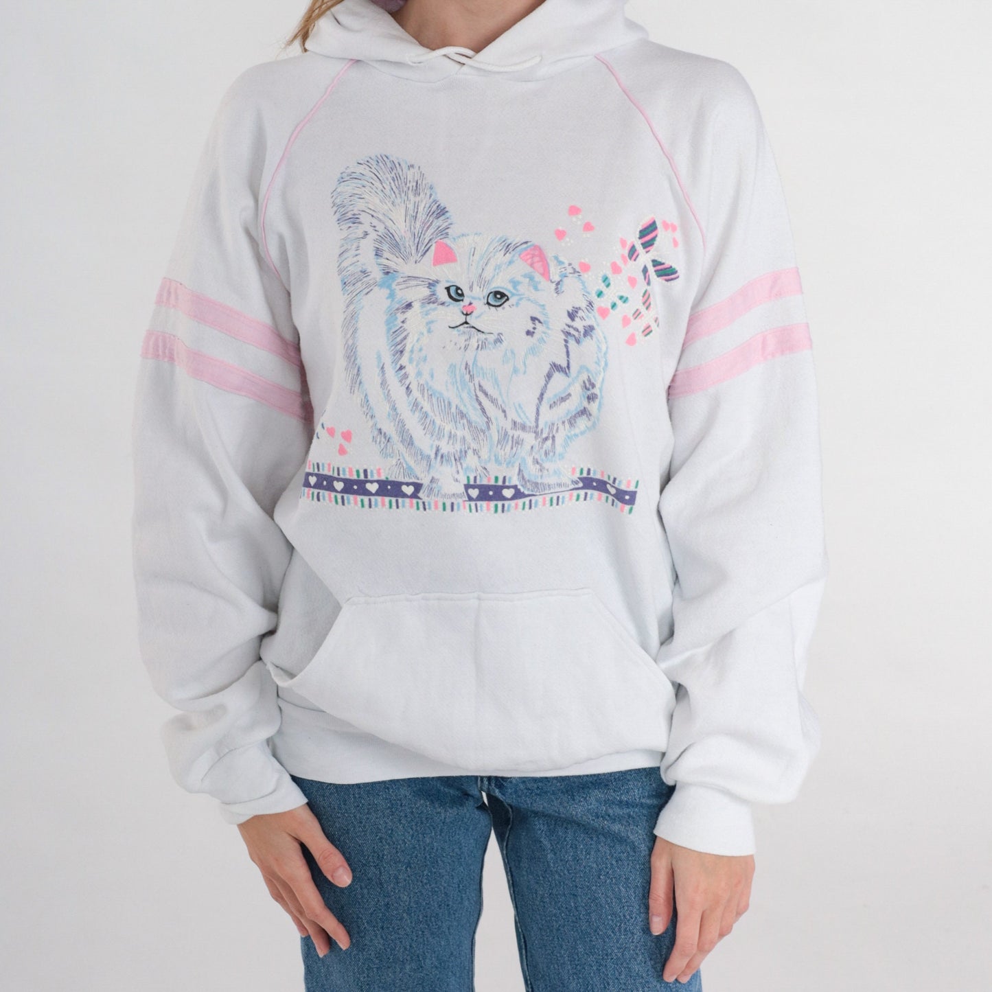 90s Kitten Graphic Hooded Sweatshirt White Pink Stripe Raglan Large L