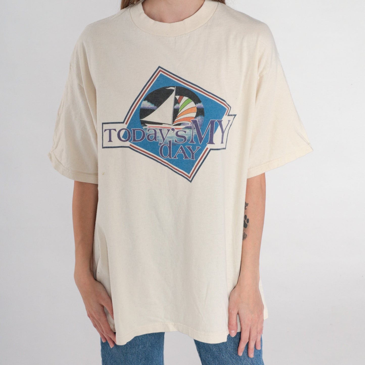 90s Sailboat Graphic T-Shirt Today's My Day Cream Cotton Tee Extra Large XL