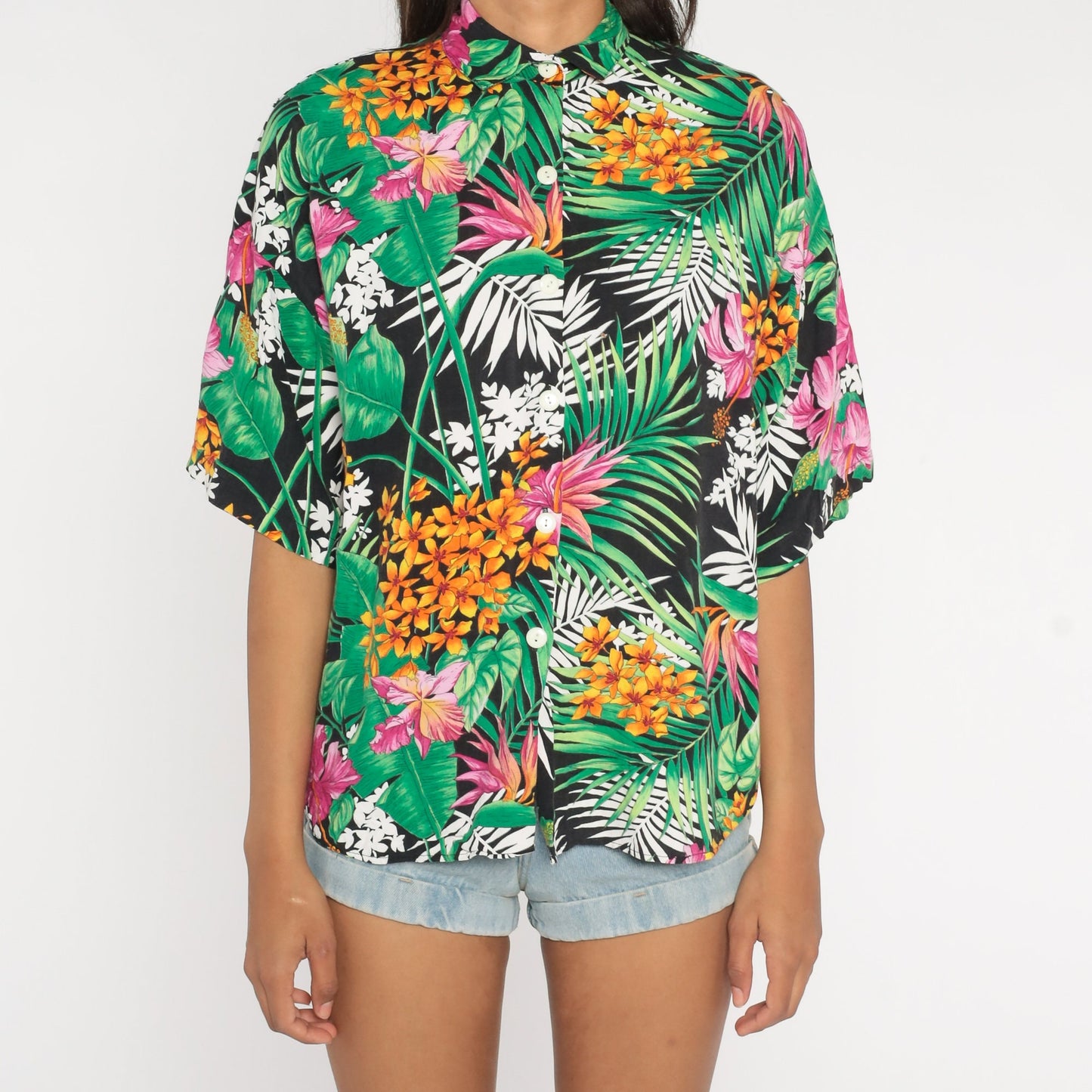 90s Tropical Floral Rayon Button-Up Shirt Green Botanical Short Sleeve Large L