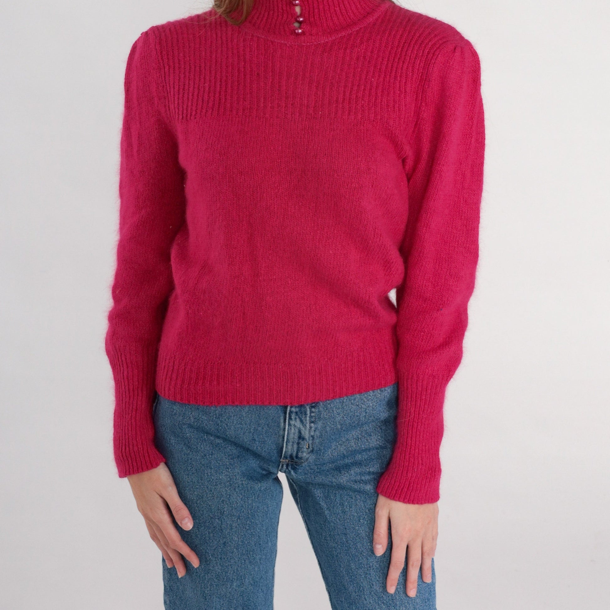 80s Deep Pink Mock Neck Puff Sleeve Knit Sweater Button Detail Medium M
