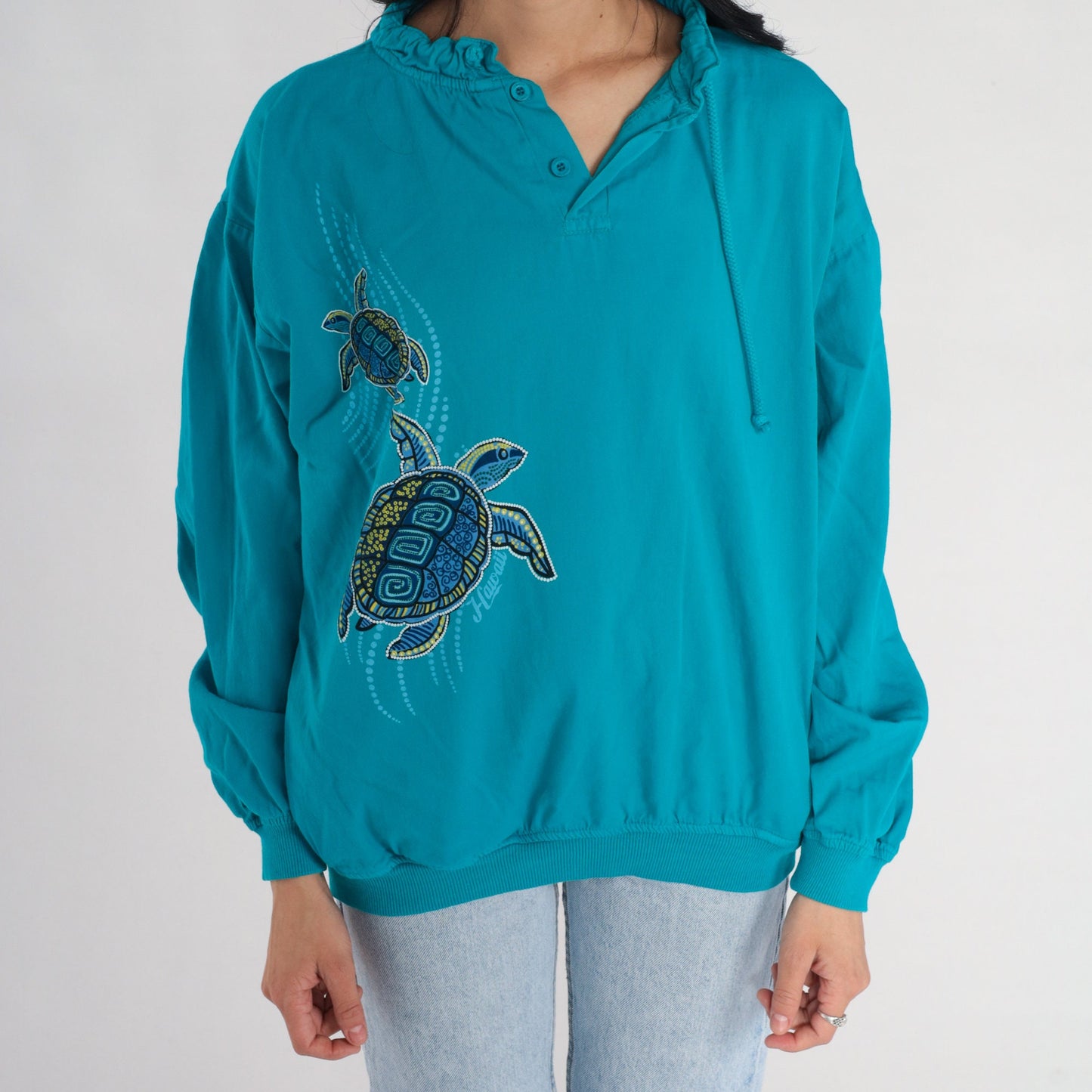 00s Crazy Shirts Turtle Print Long Sleeve Drawstring Neckline Turquoise Cotton Small S