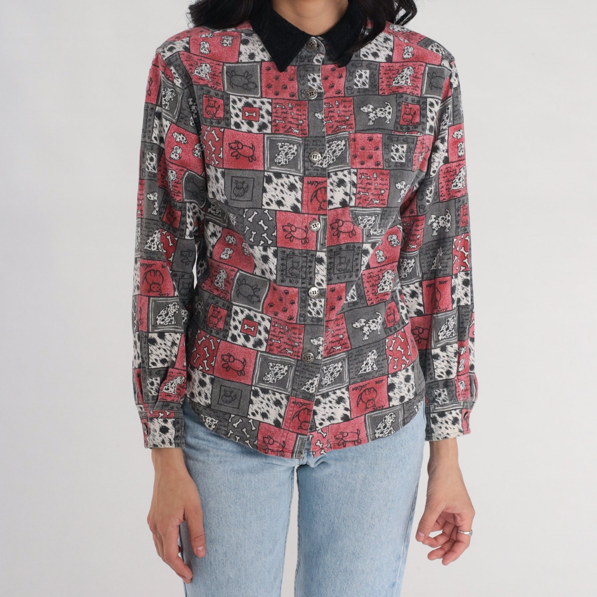 90s High Sierra Dalmatian Dog Print Button-Up Blouse Cotton Corduroy Collar Extra Small