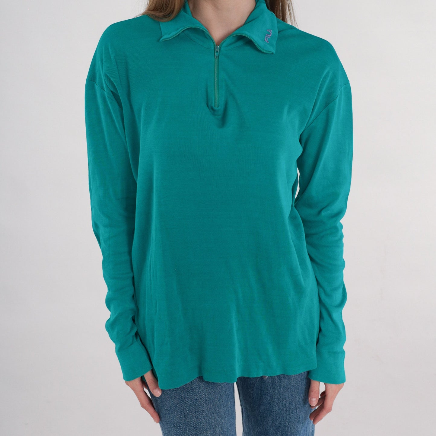 Y2K Fila Teal Knit Polo Quarter Zip Long Sleeve Collared Sweater Extra Large XL