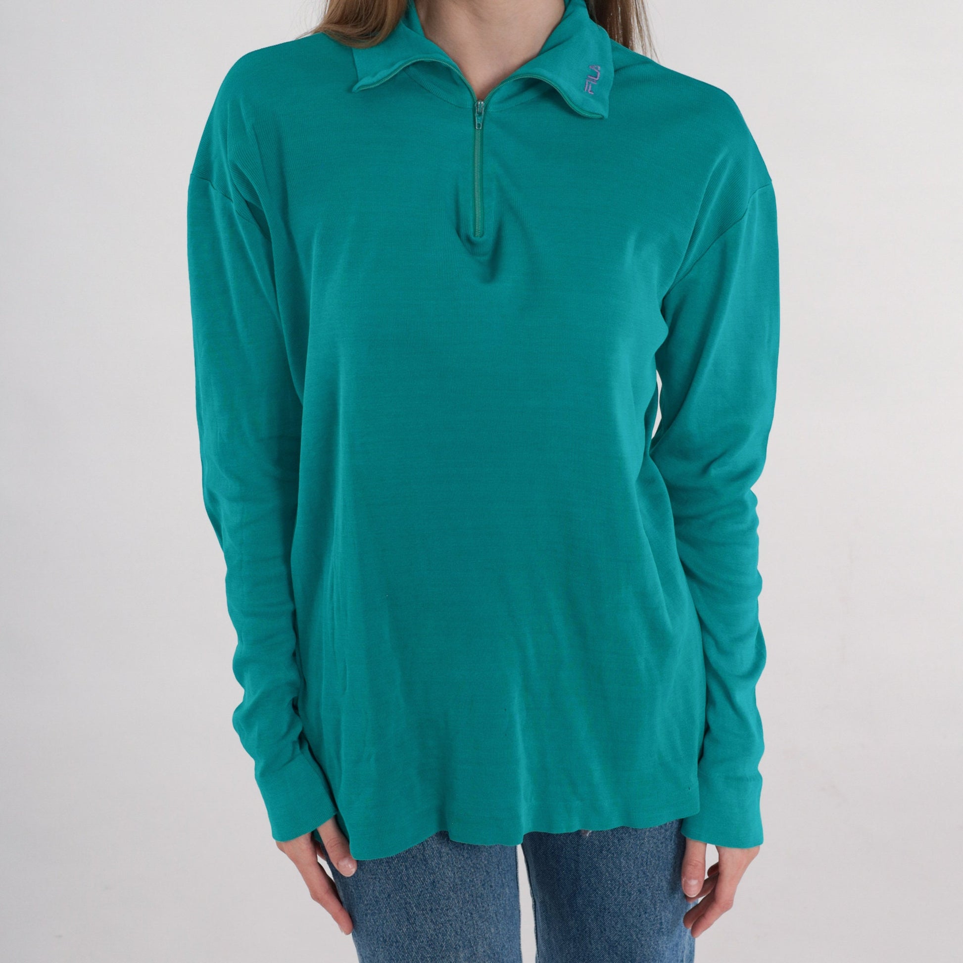 Y2K Fila Teal Knit Polo Quarter Zip Long Sleeve Collared Sweater Extra Large XL