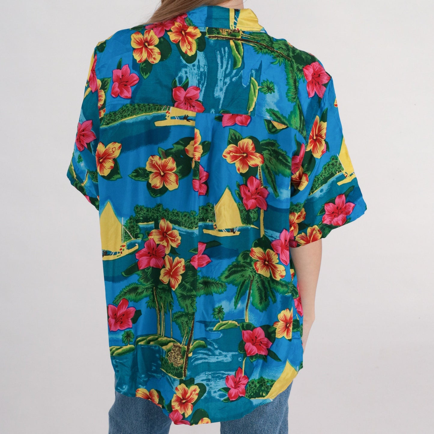 90s Blue Silk Hawaiian Shirt Tropical Hibiscus Sailboat Print Large L