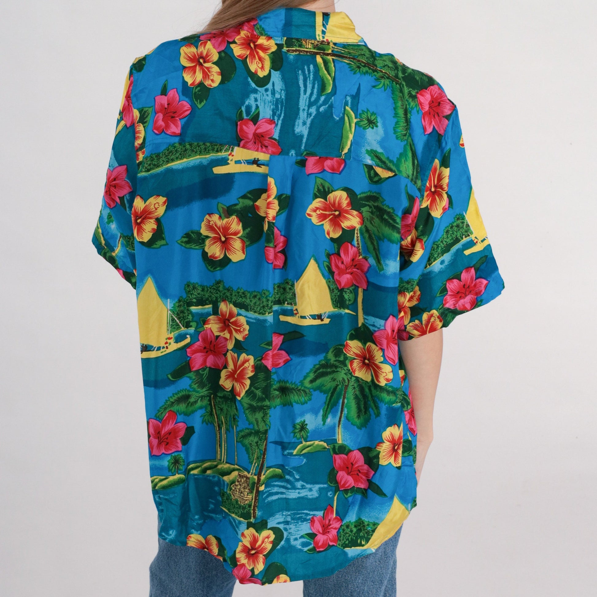 90s Blue Silk Hawaiian Shirt Tropical Hibiscus Sailboat Print Large L