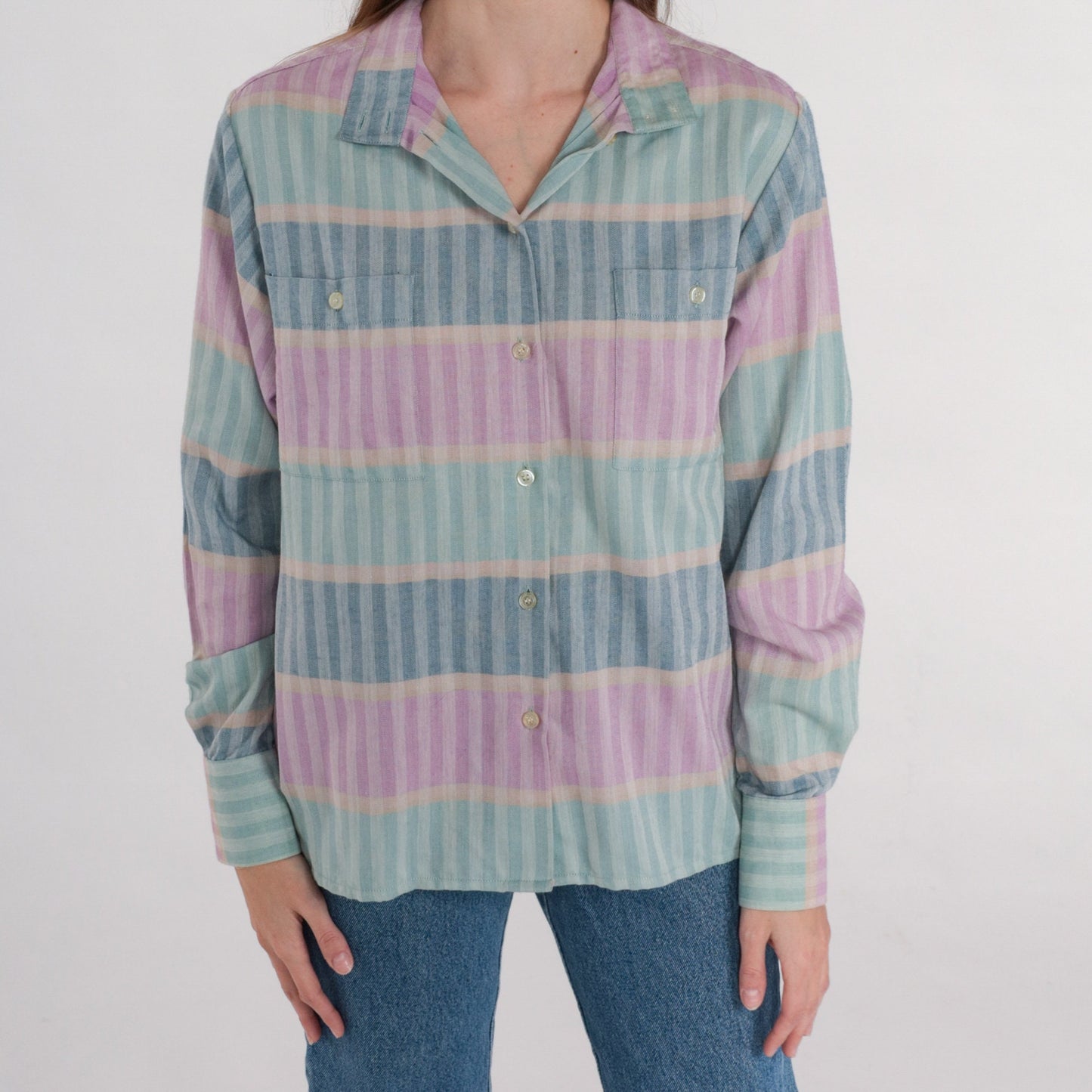 90s Striped Button-Up Blouse Multicolor Long Sleeve Collared Shirt Small