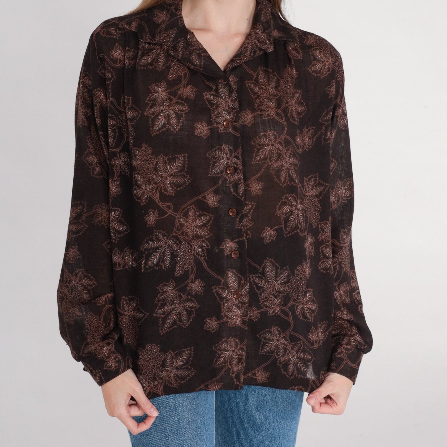 80s Grapevine Blouse Brown Button Up Shirt Grape Leaf Print Medium M
