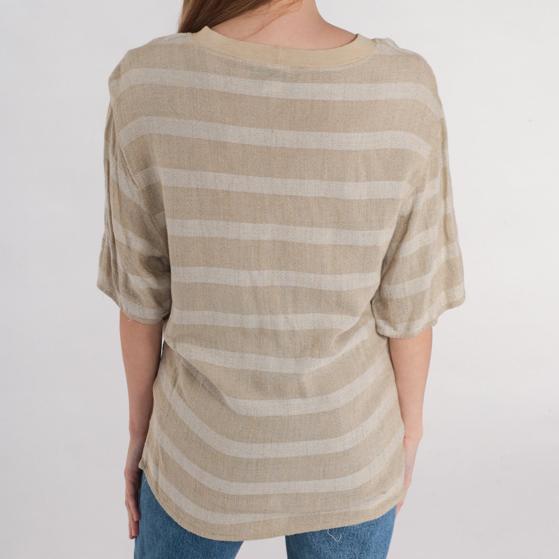90s Tan Striped Pocket T-Shirt Rayon Crewneck Small