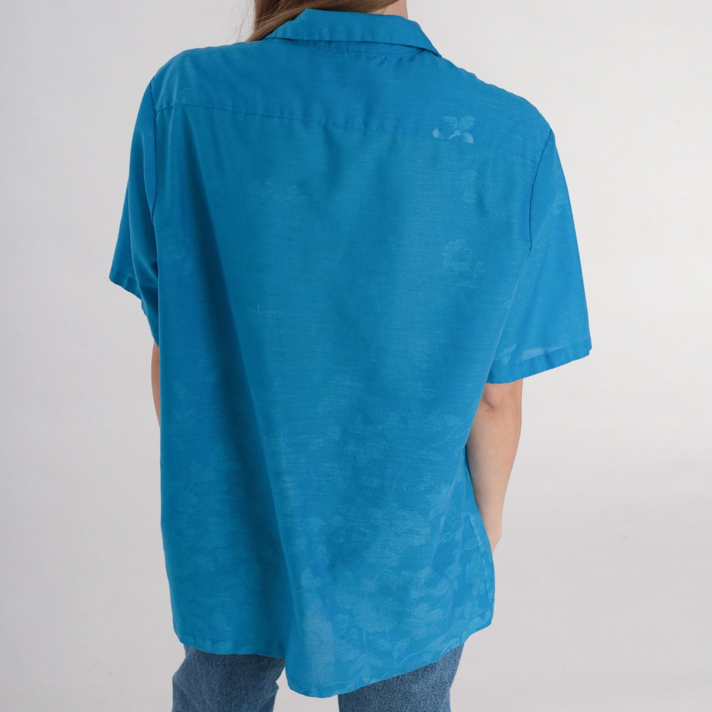 90s Blue Floral Button-Up Blouse Short Sleeve Collared Shirt Medium M