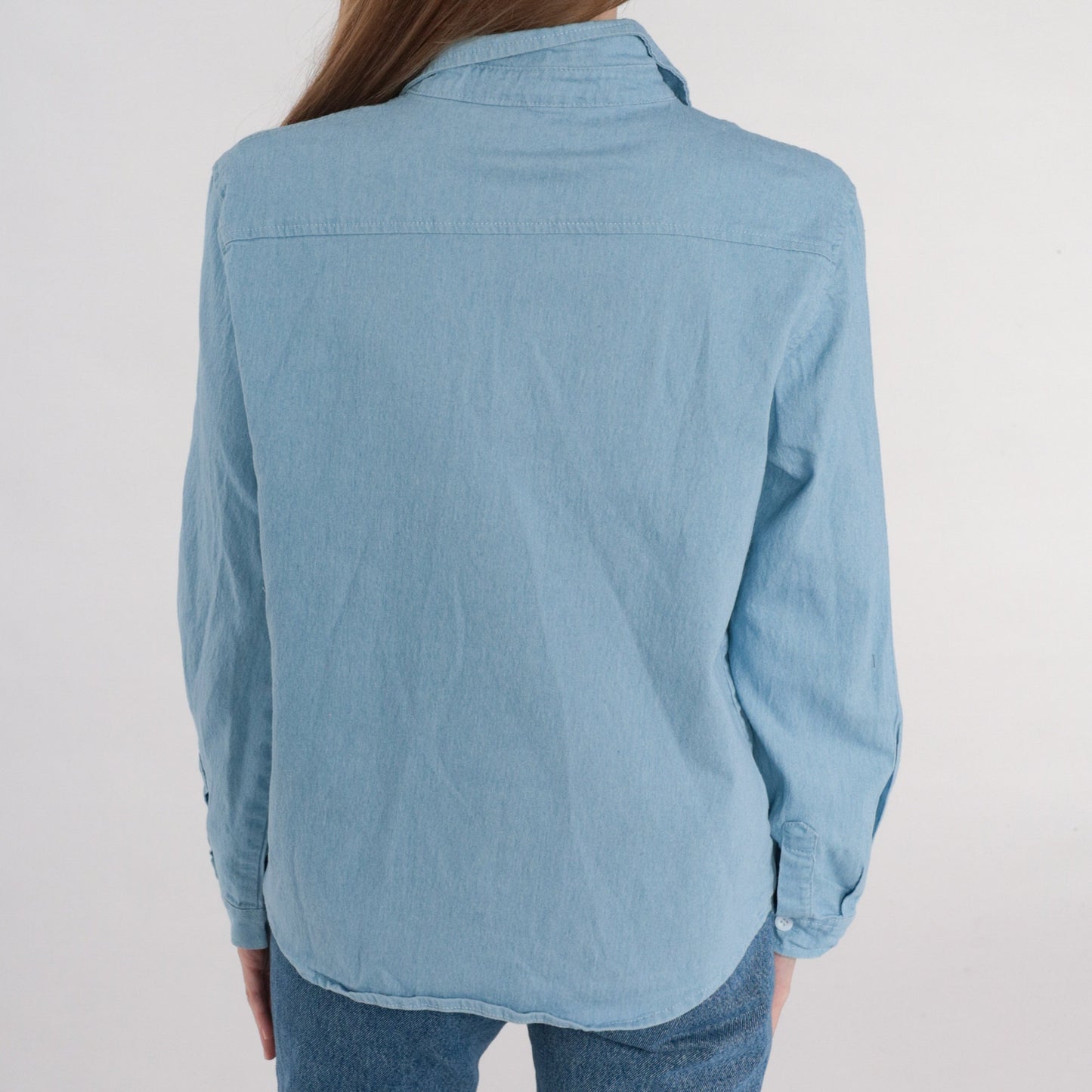90s Blue Chambray Button-Up Shirt Long Sleeve Chest Pocket Small S