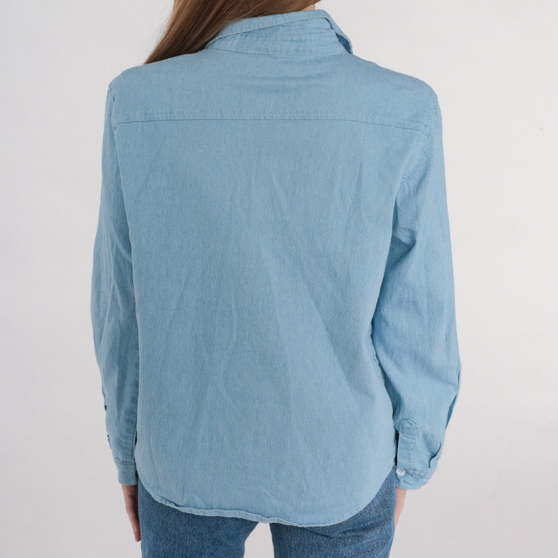 90s Blue Chambray Button-Up Shirt Long Sleeve Chest Pocket Small S