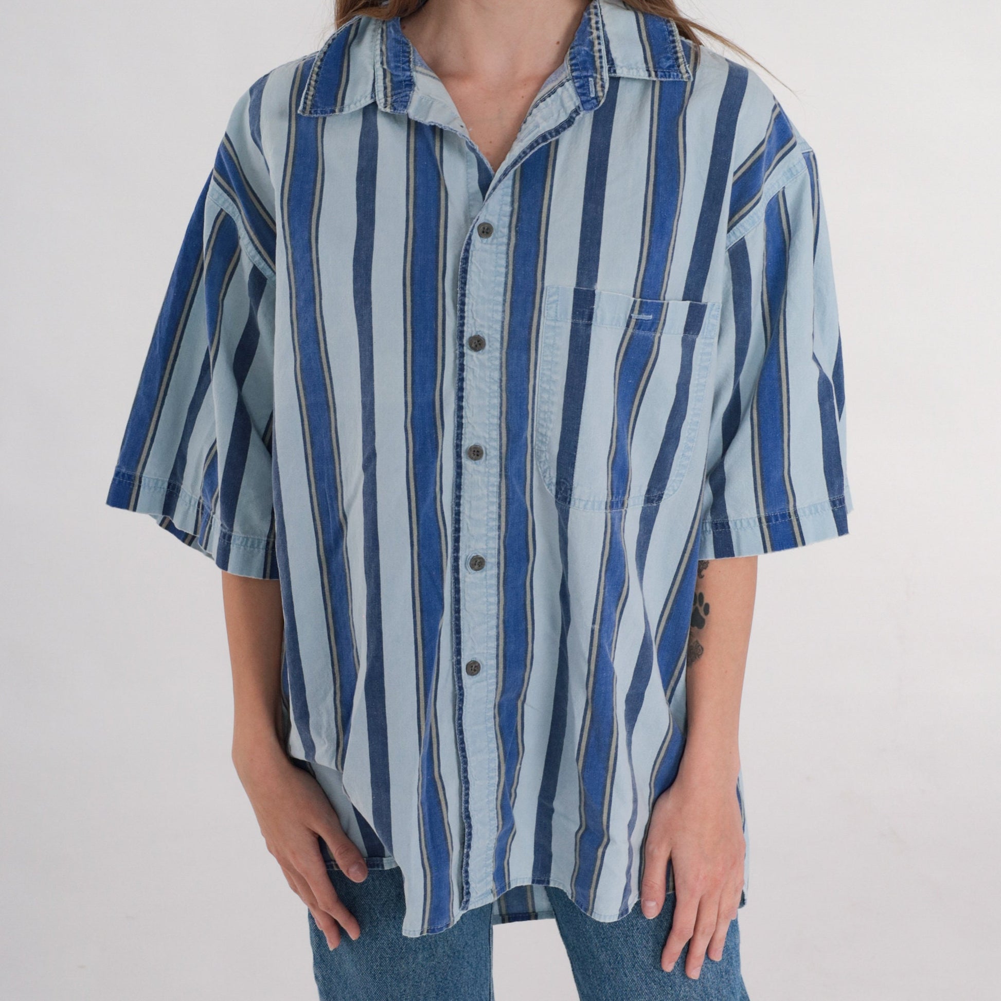 90s Sostanza Striped Cotton Button-Up Shirt Blue Collared Short Sleeve Large