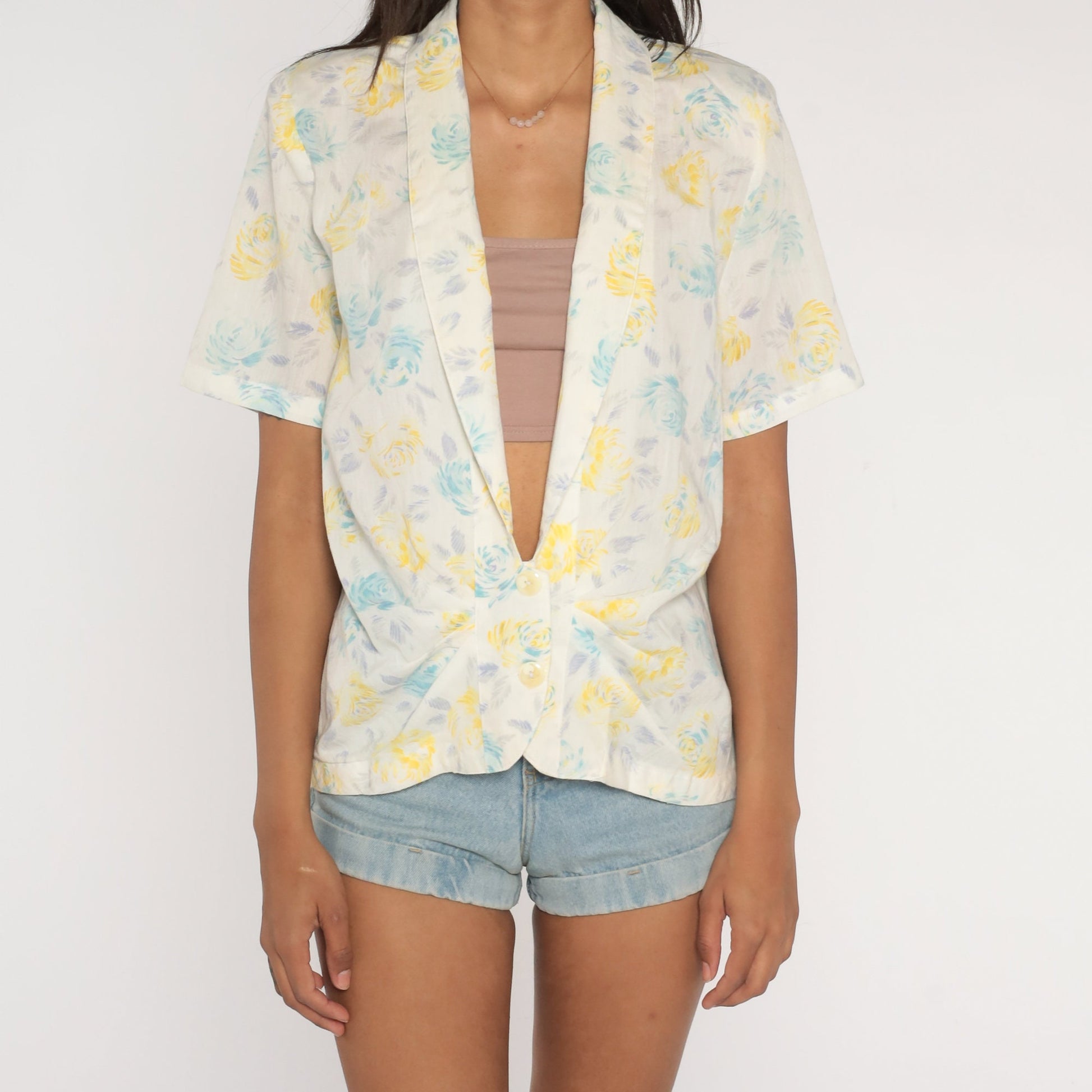 80s White Floral Deep V-Neck Blouse Button-Up Short Sleeve Large