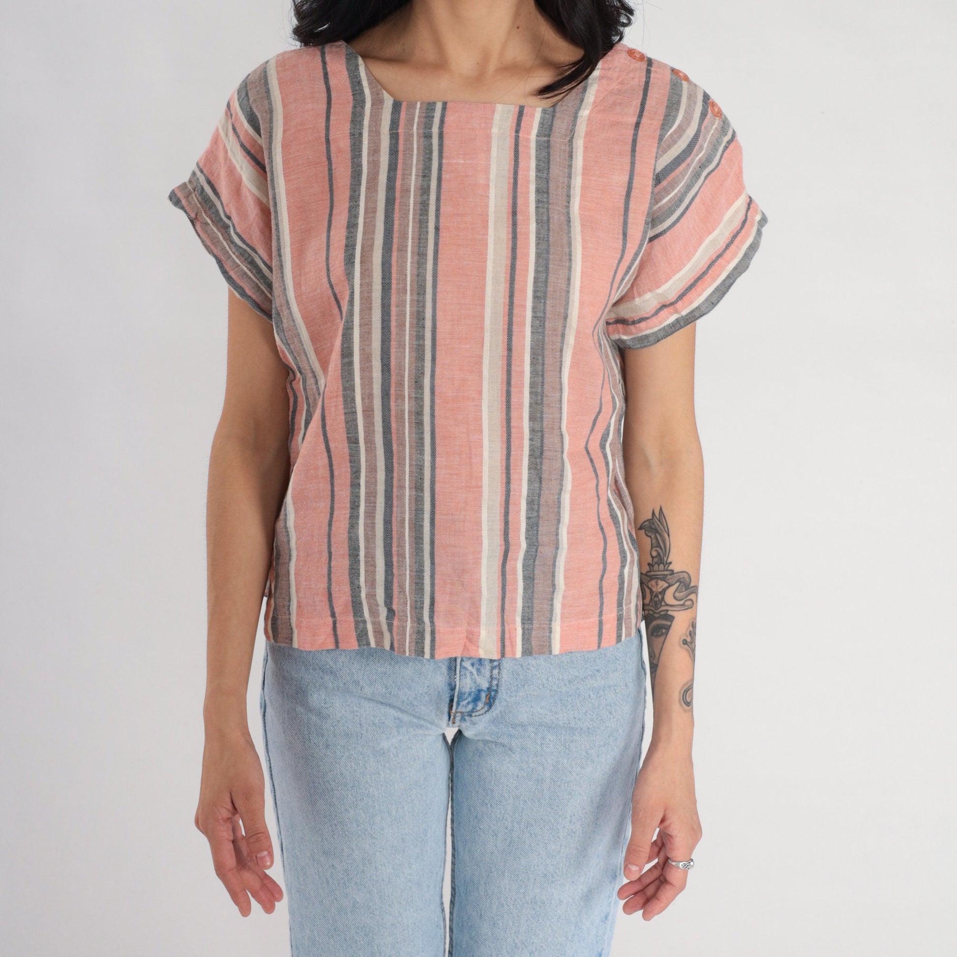 80s Pink Striped Button Shoulder Blouse Short Sleeve Top Medium