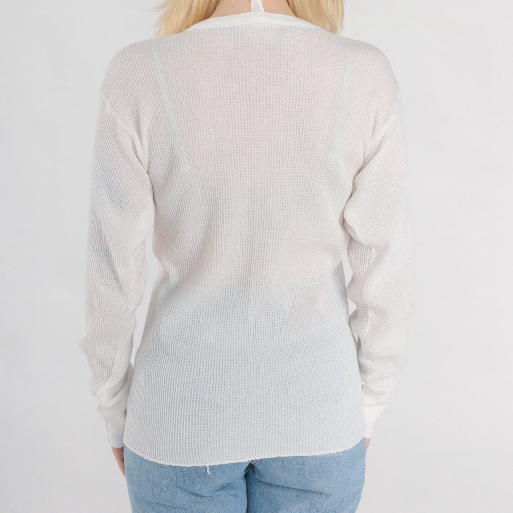 80s White Waffle Knit Thermal Long Sleeve Shirt Small Medium