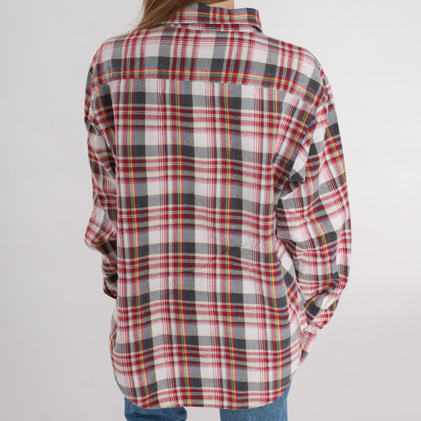 80s Sears Plaid Button-Up Shirt Long Sleeve Cotton Flannel Men's Large