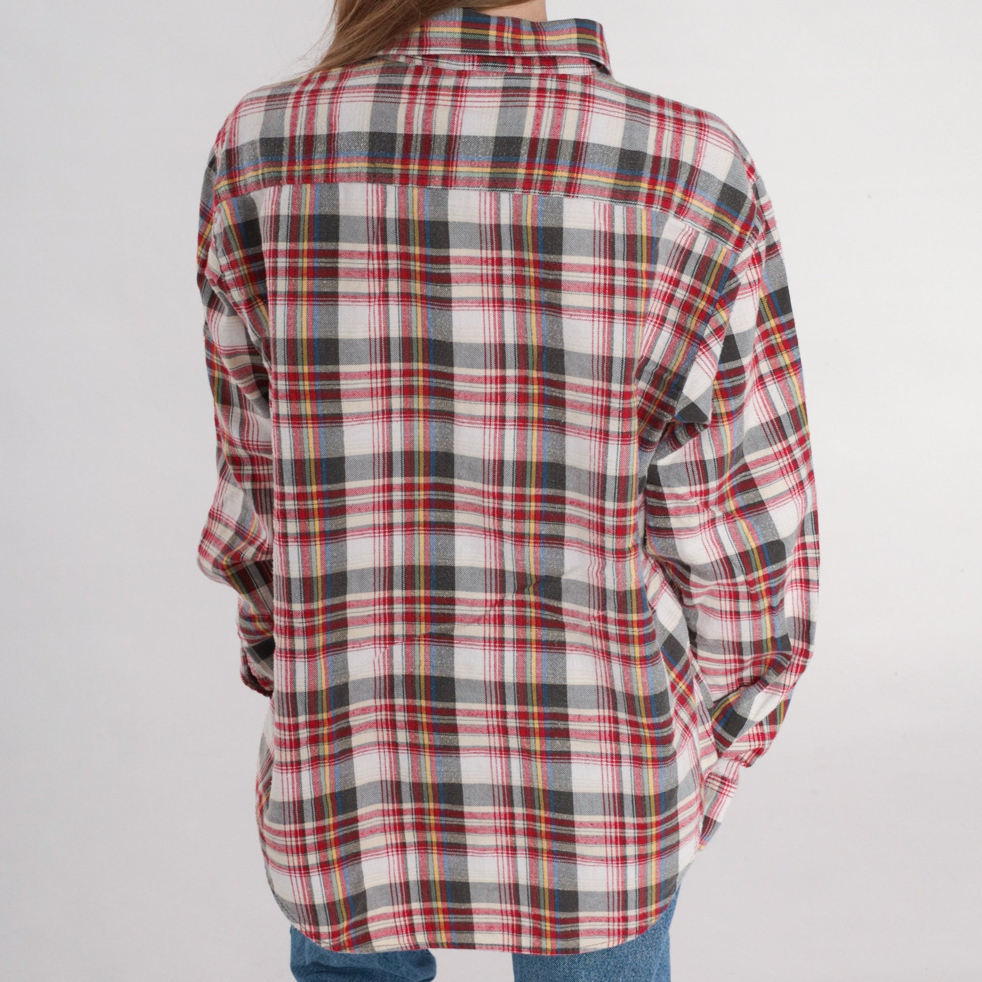 80s Sears Plaid Button-Up Shirt Long Sleeve Cotton Flannel Men's Large