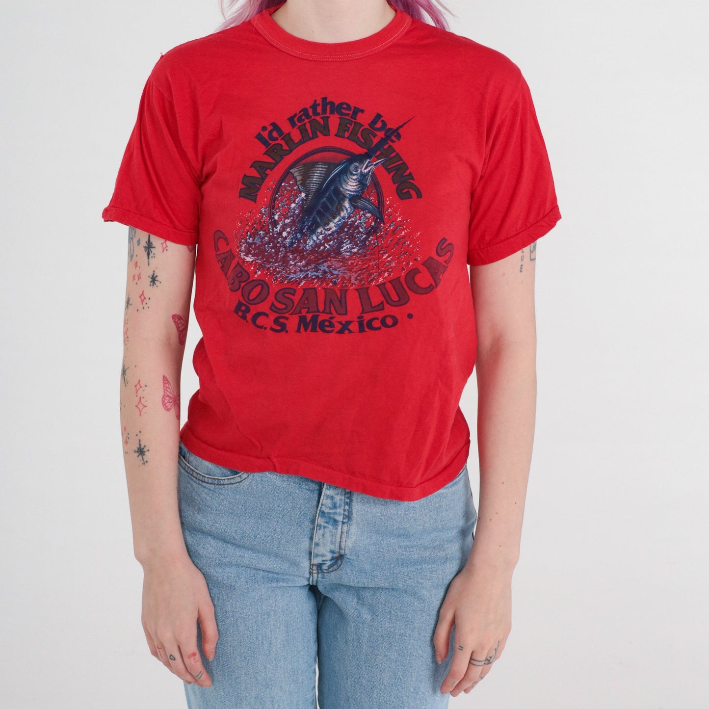 00s Cabo San Lucas Marlin Fishing Graphic T-Shirt Red Mexico Tee Small