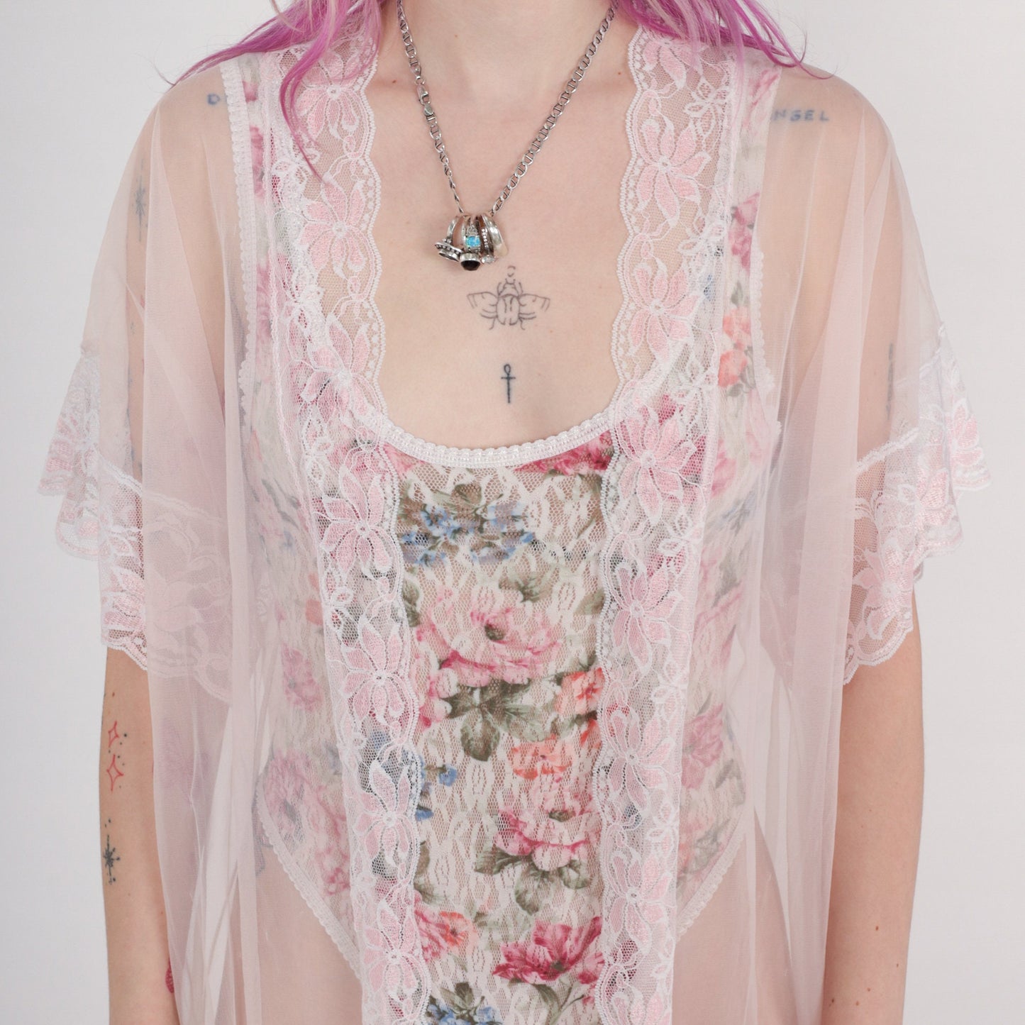 70s Baby Pink Sheer Nylon Maxi Robe Lace Trim Open Front Large L