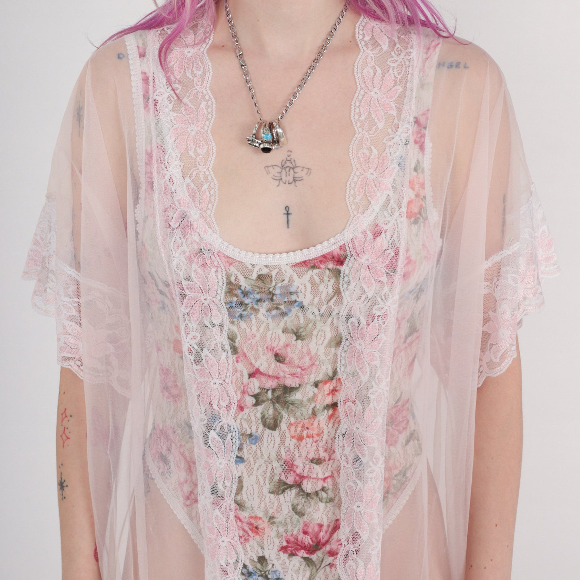 70s Baby Pink Sheer Nylon Maxi Robe Lace Trim Open Front Large L
