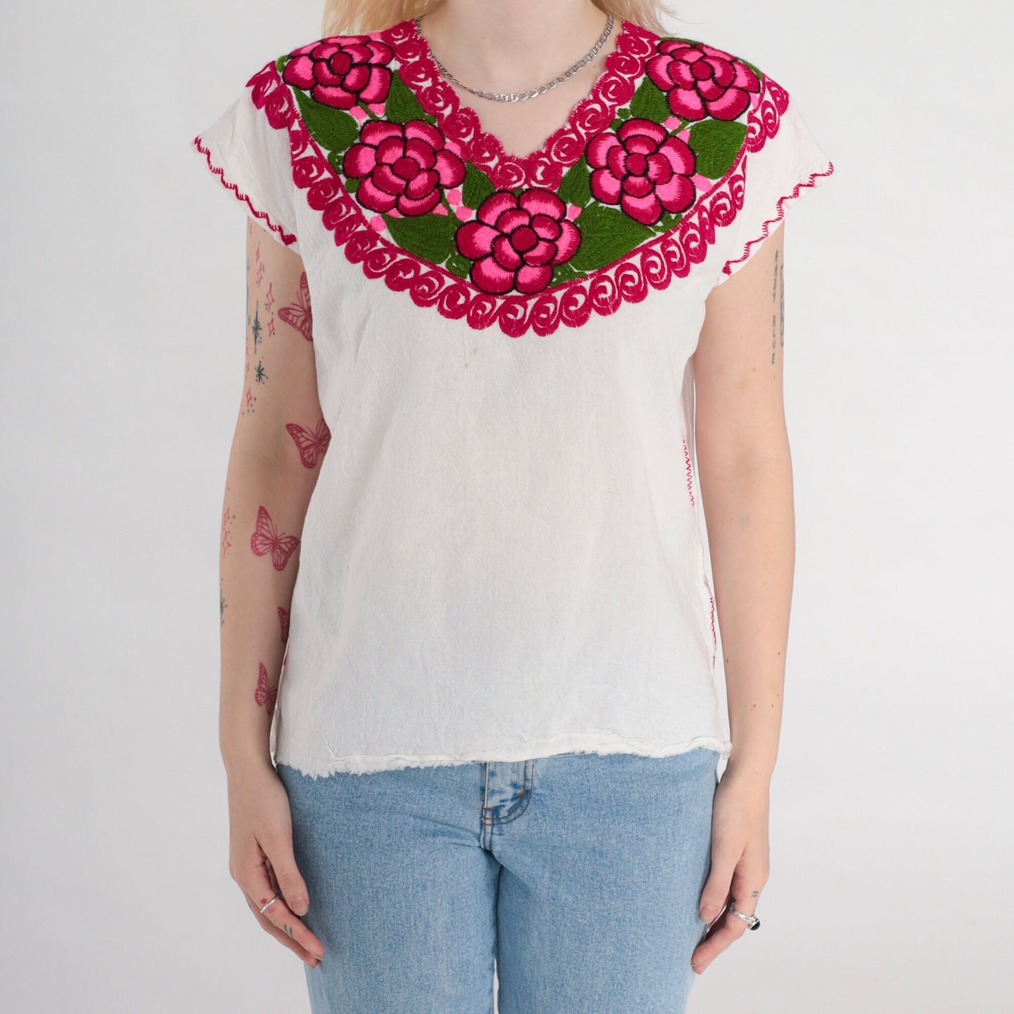 1990s Mexican Floral Embroidered Cotton Blouse White Tunic Small S
