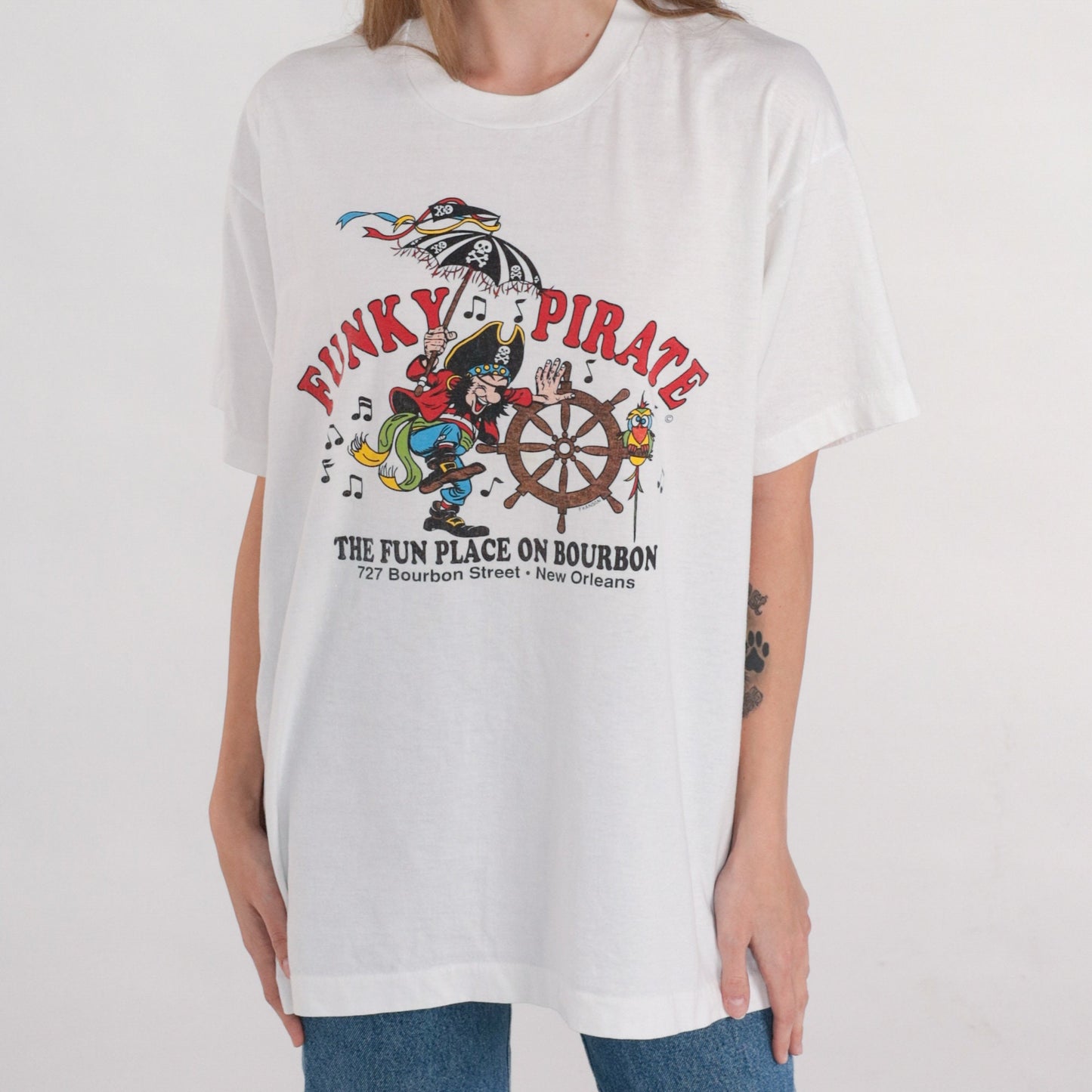 90s The Funky Pirate New Orleans Dive Bar Graphic T-Shirt White XL