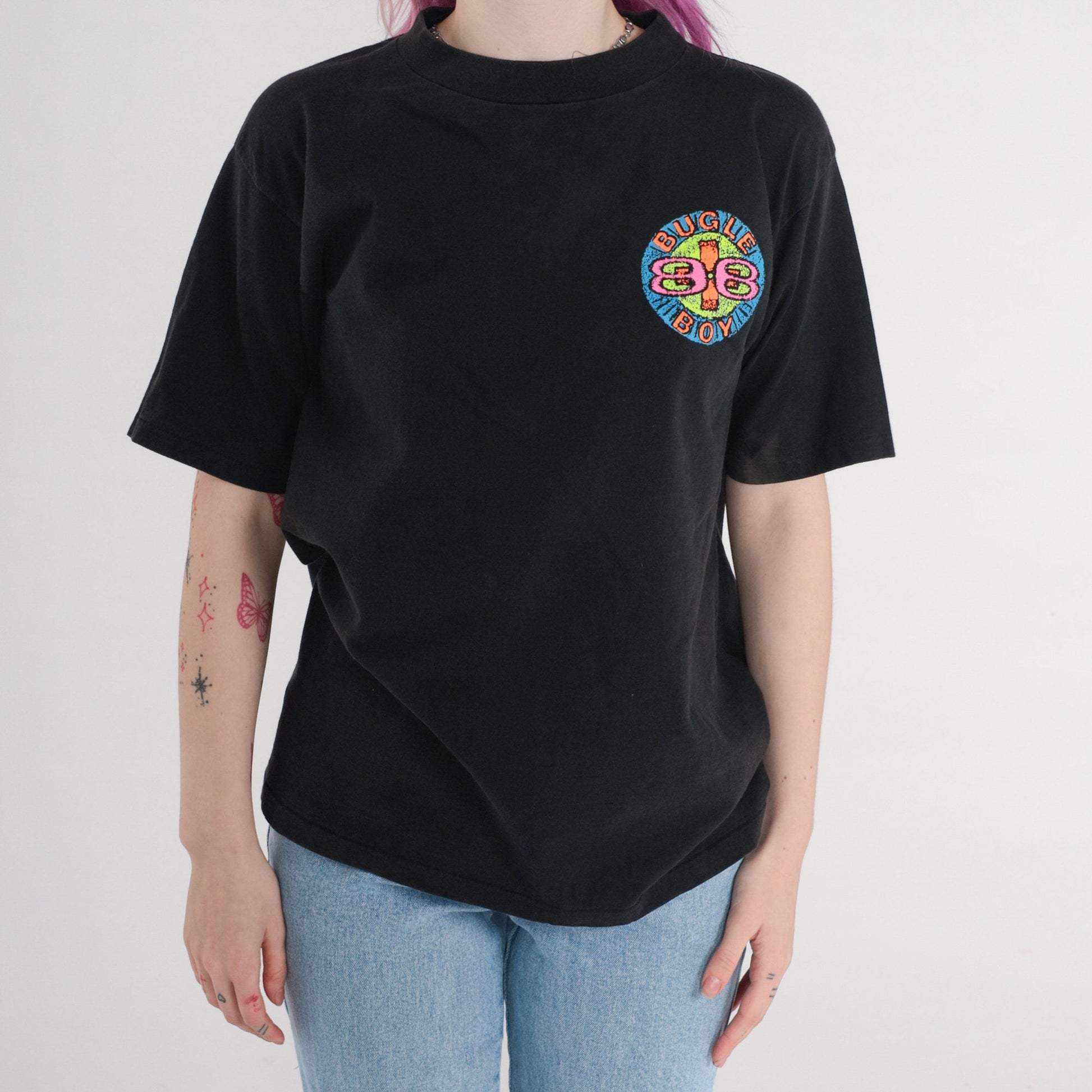 90s Bugle Boy Neon Spellout Graphic T-Shirt Black Cotton Medium