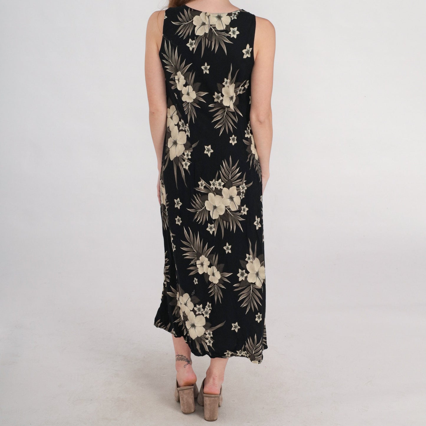 90s Black Tropical Floral Midi Dress Sleeveless Keyhole Back Small