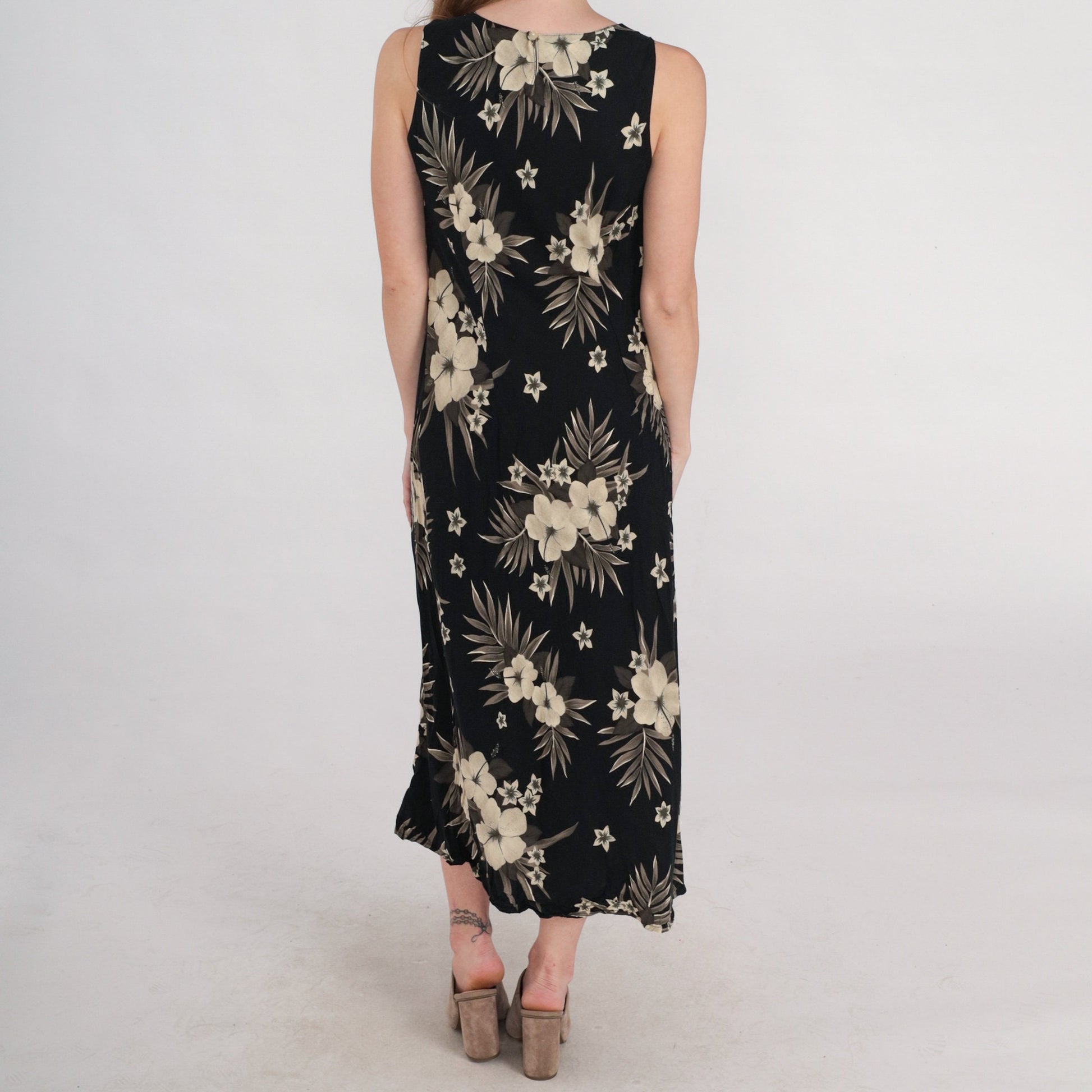 90s Black Tropical Floral Midi Dress Sleeveless Keyhole Back Small
